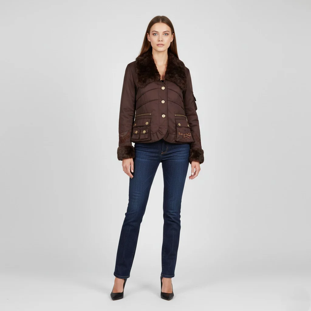 Just Cavalli Women S/M Jacket Brown Snaps Cotton Italy Collared Cropped Top