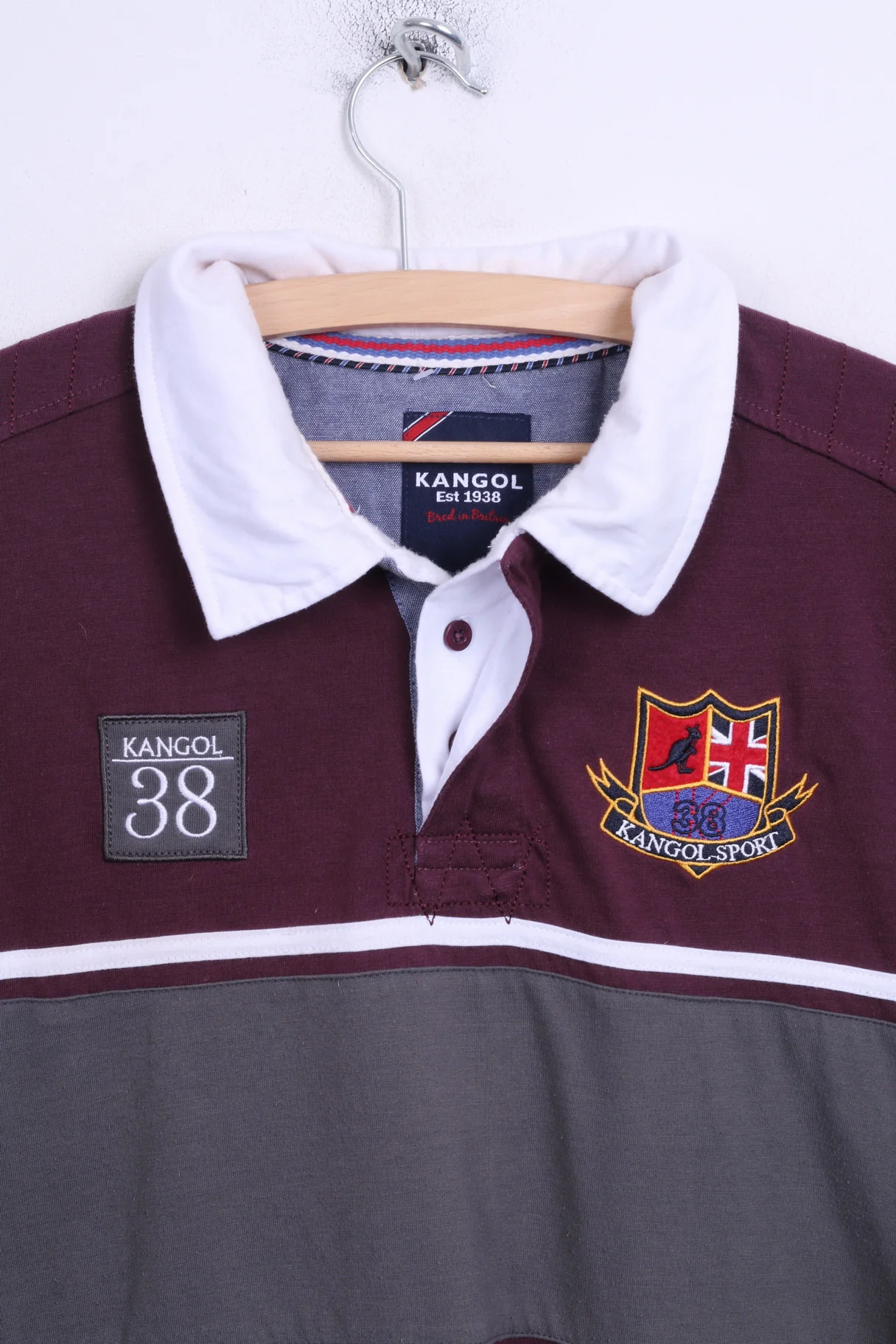 KANGOL Mens L Polo Shirt Long Sleeve Cotton Maroon Sport - Image 2