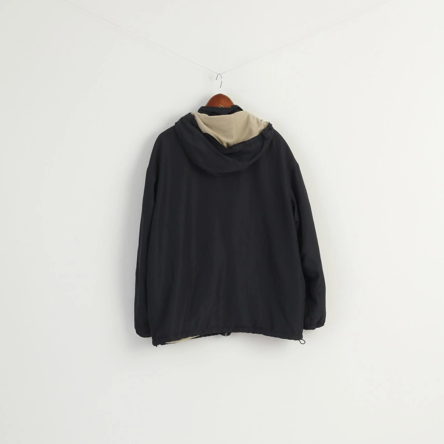 Kappa Men L Jacket Navy Beige Double Sided Fleece Removable Hood Zip Up Top - Image 7