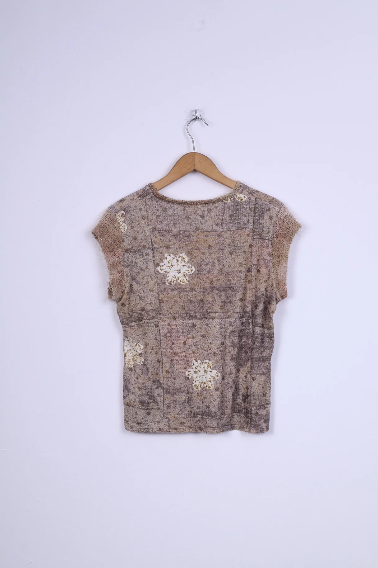 Kello Womens M Shirt V Neck Flowers Sleeveless Beige - Image 7