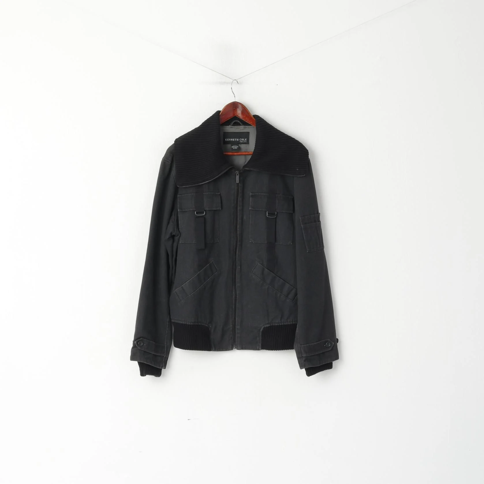 Kenneth Cole Men L Jacket Black Cotton Denim Full Zipper Multi Pockets Casual Top - Image 2
