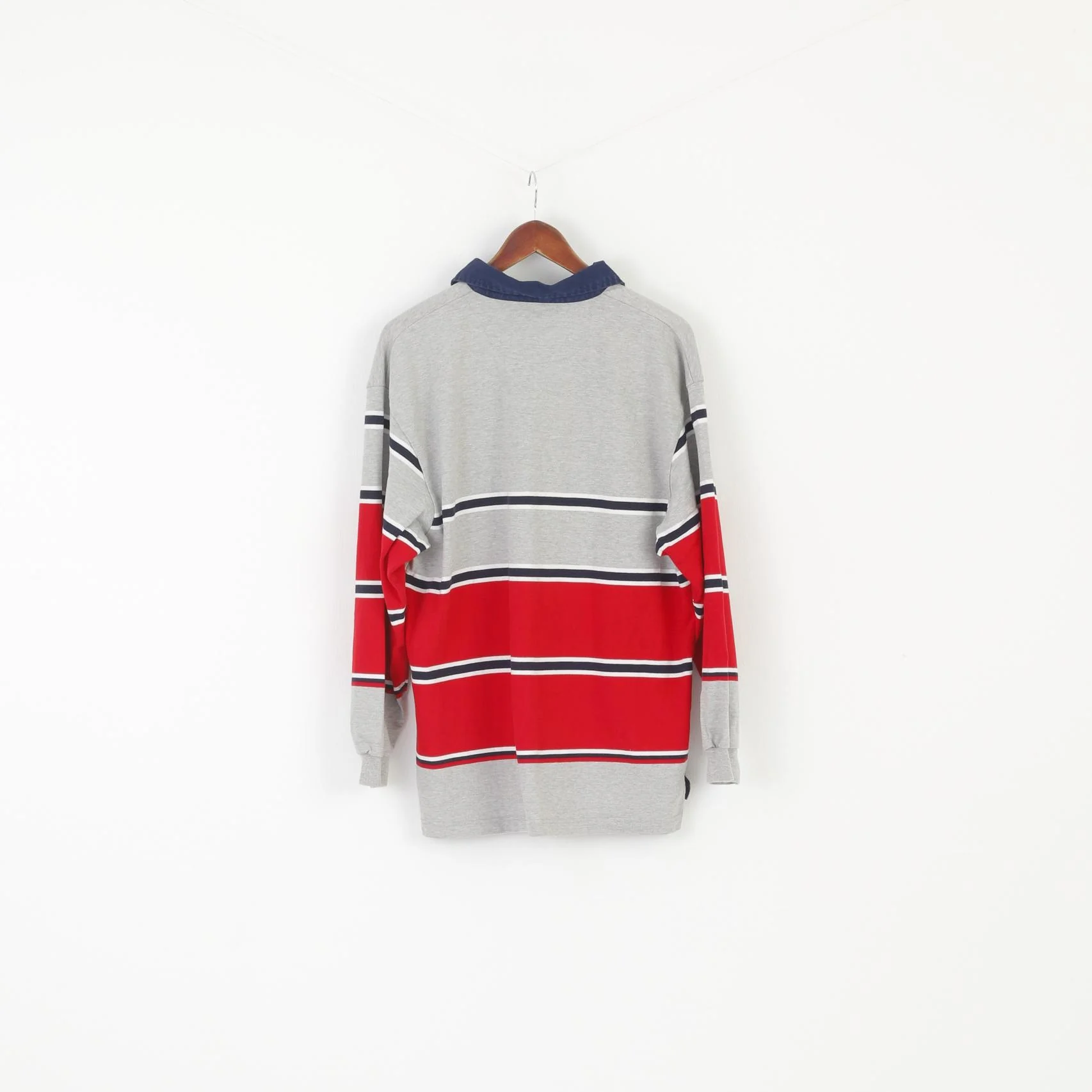 Key West American Sportswear Men L Polo Shirt Gray Striped Cotton Classic Long Sleeve Top - Image 6