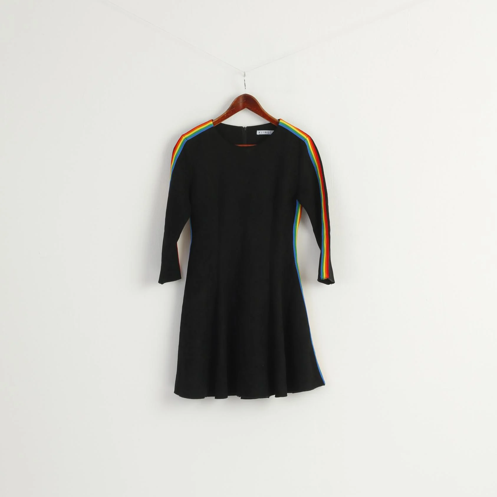 KLING Women 3 M Mini Dress Black Long Sleeve Rainbow Stripes Crew Neck - Image 2