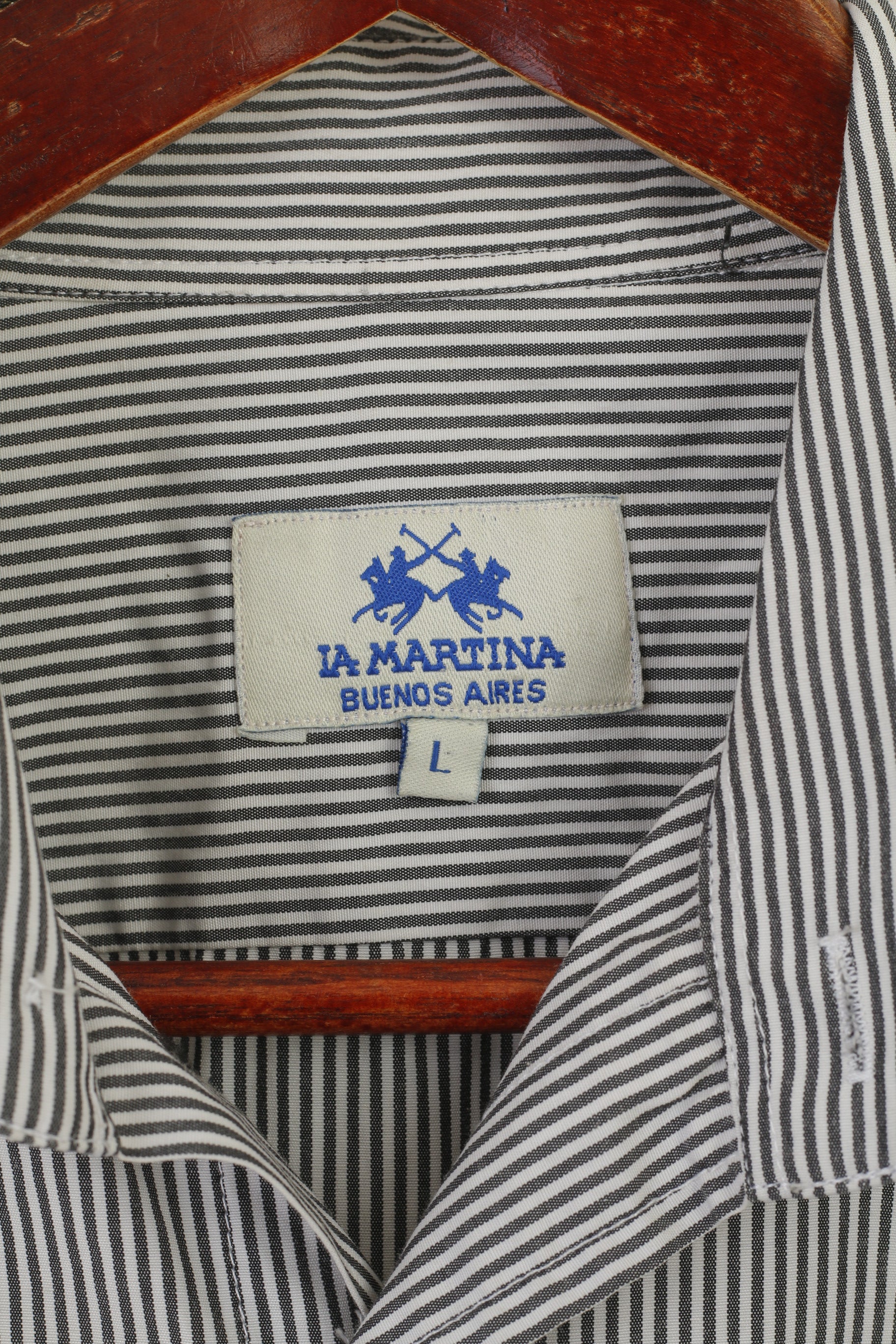 La Martina Men L (M) Casual Shirt Grey Striped Cotton Polo Buenos Aires Long Sleeve Top - Image 5