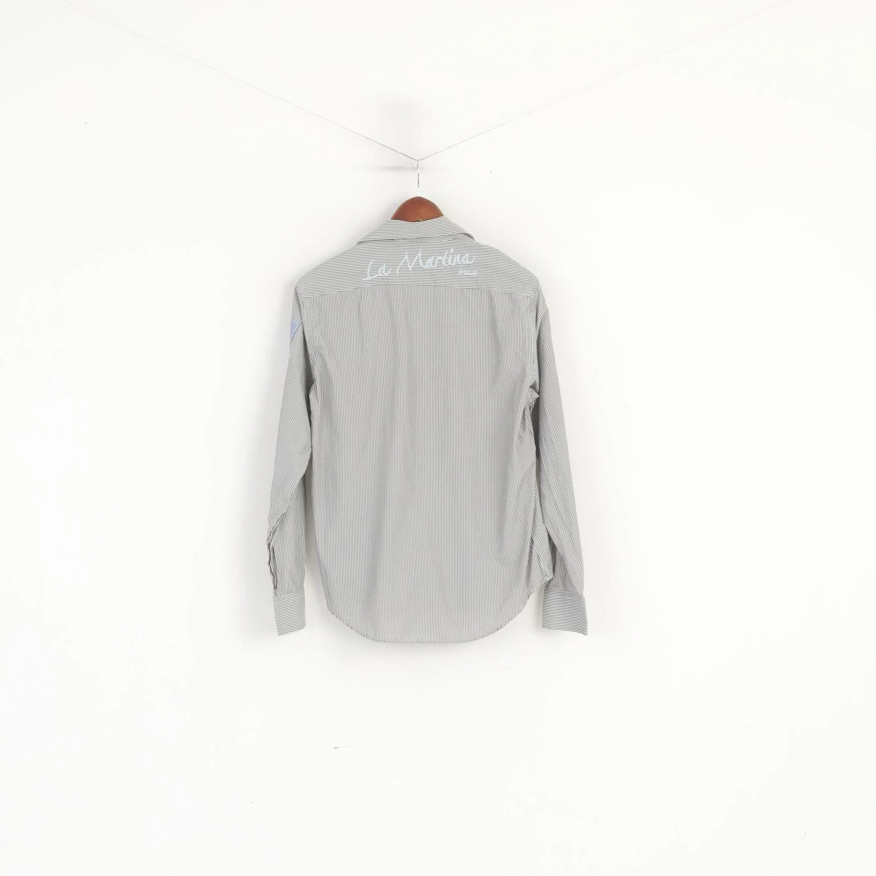 La Martina Men L (M) Casual Shirt Grey Striped Cotton Polo Buenos Aires Long Sleeve Top - Image 7