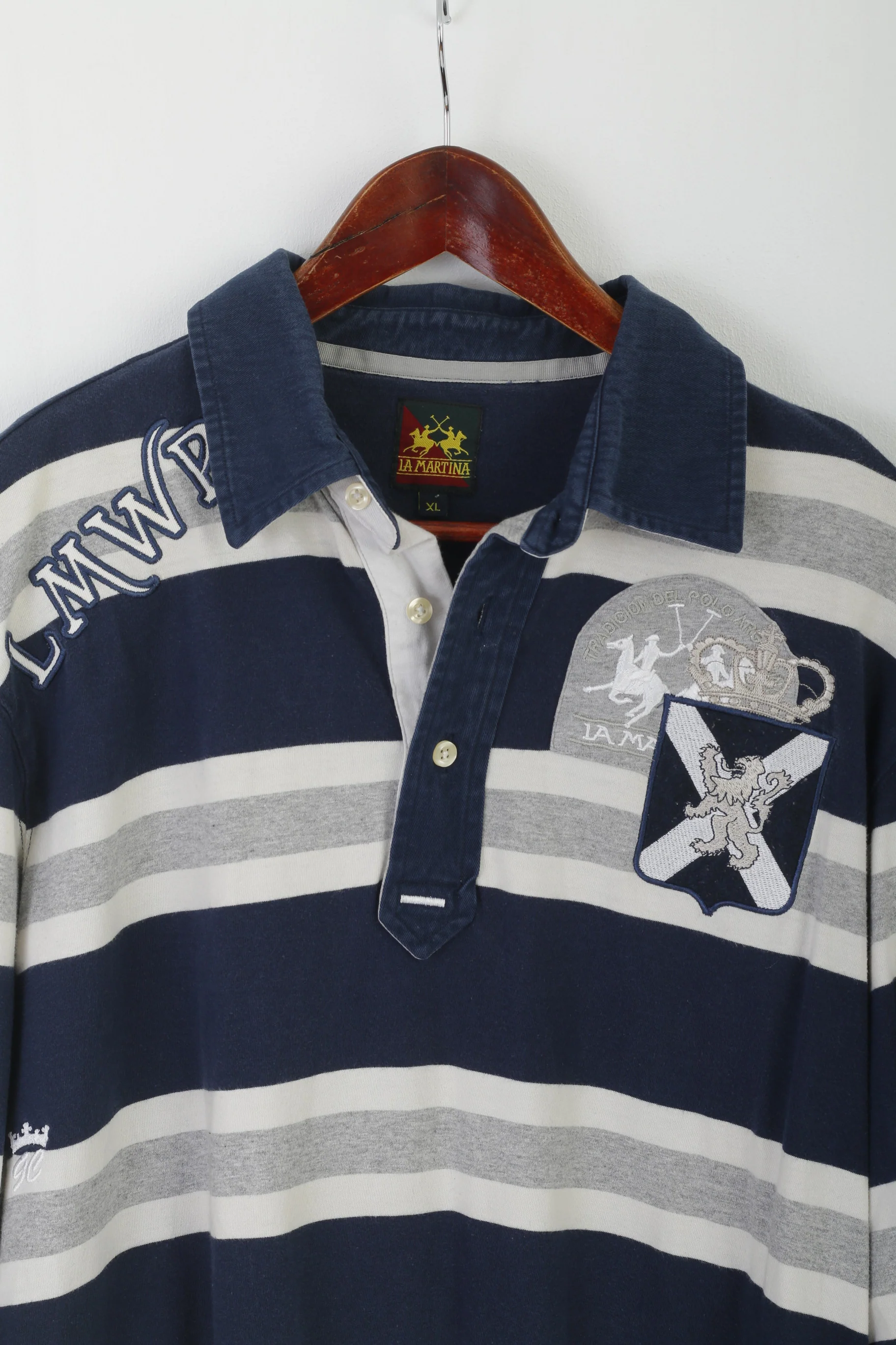 La Martina Men XL Polo Shirt Navy Striped Cotton Long Sleeve Polo Argentino Top - Image 2
