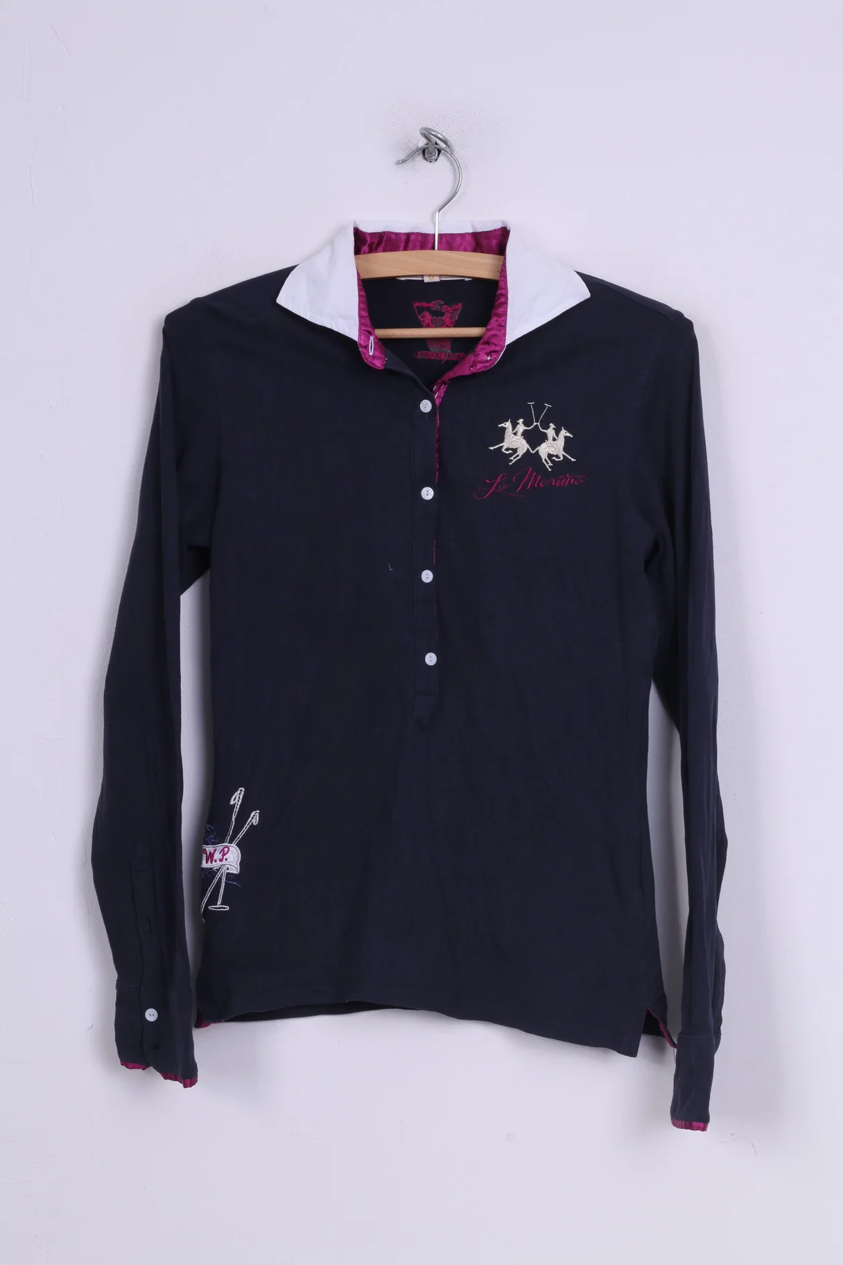 La Martina Womens M Polo Shirt Long Sleeve Cotton Navy Society White Collar