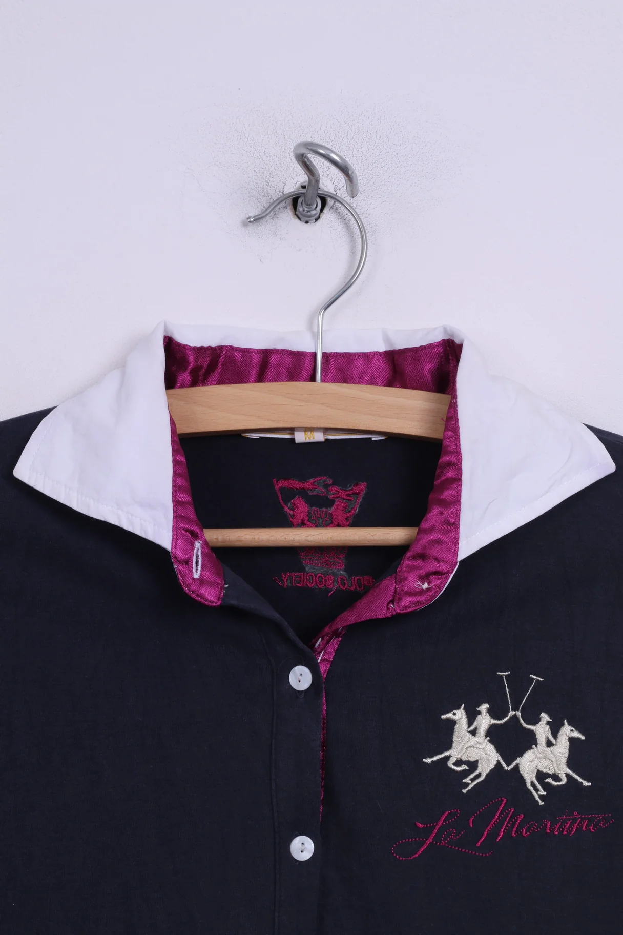 La Martina Womens M Polo Shirt Long Sleeve Cotton Navy Society White Collar - Image 2