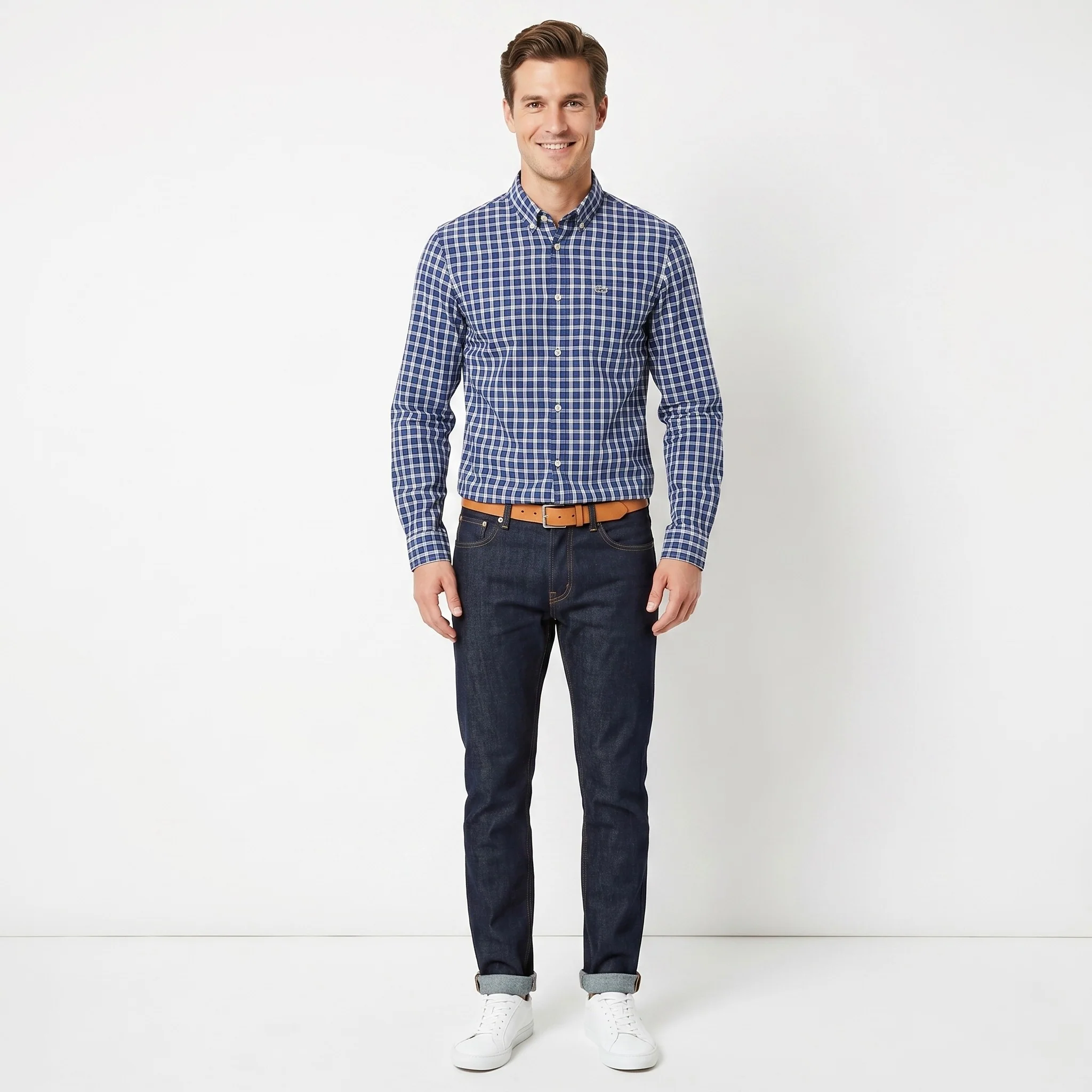 Lacoste Men 39 S/M Casual Shirt Blue Check Cotton Refular Fit Long Sleeve Top