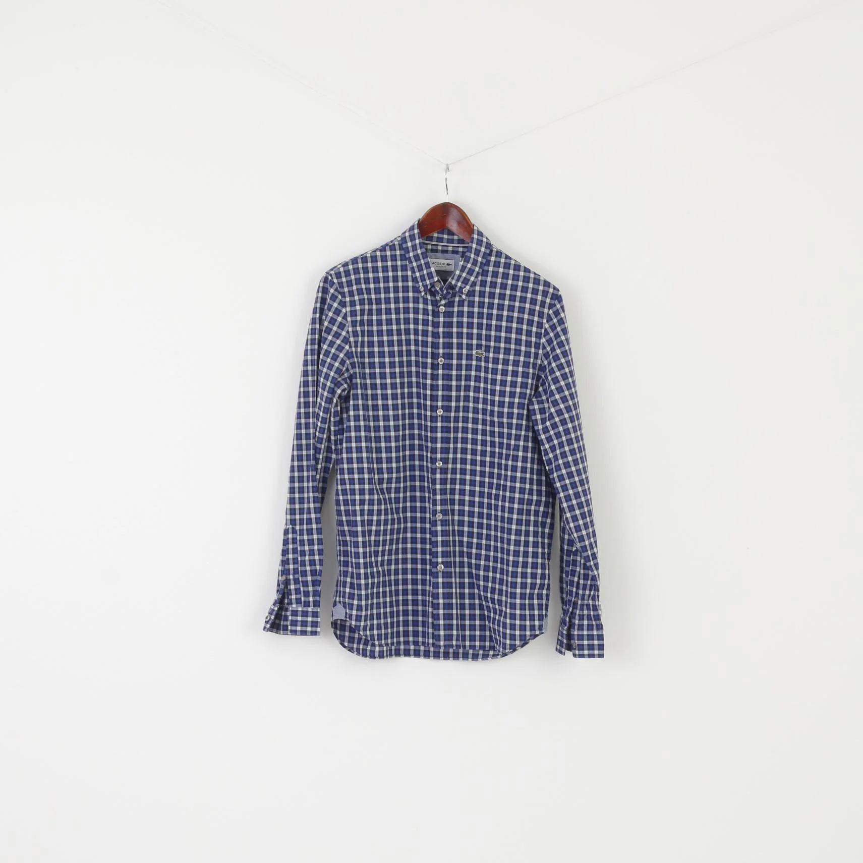 Lacoste Men 39 S/M Casual Shirt Blue Check Cotton Refular Fit Long Sleeve Top - Image 2