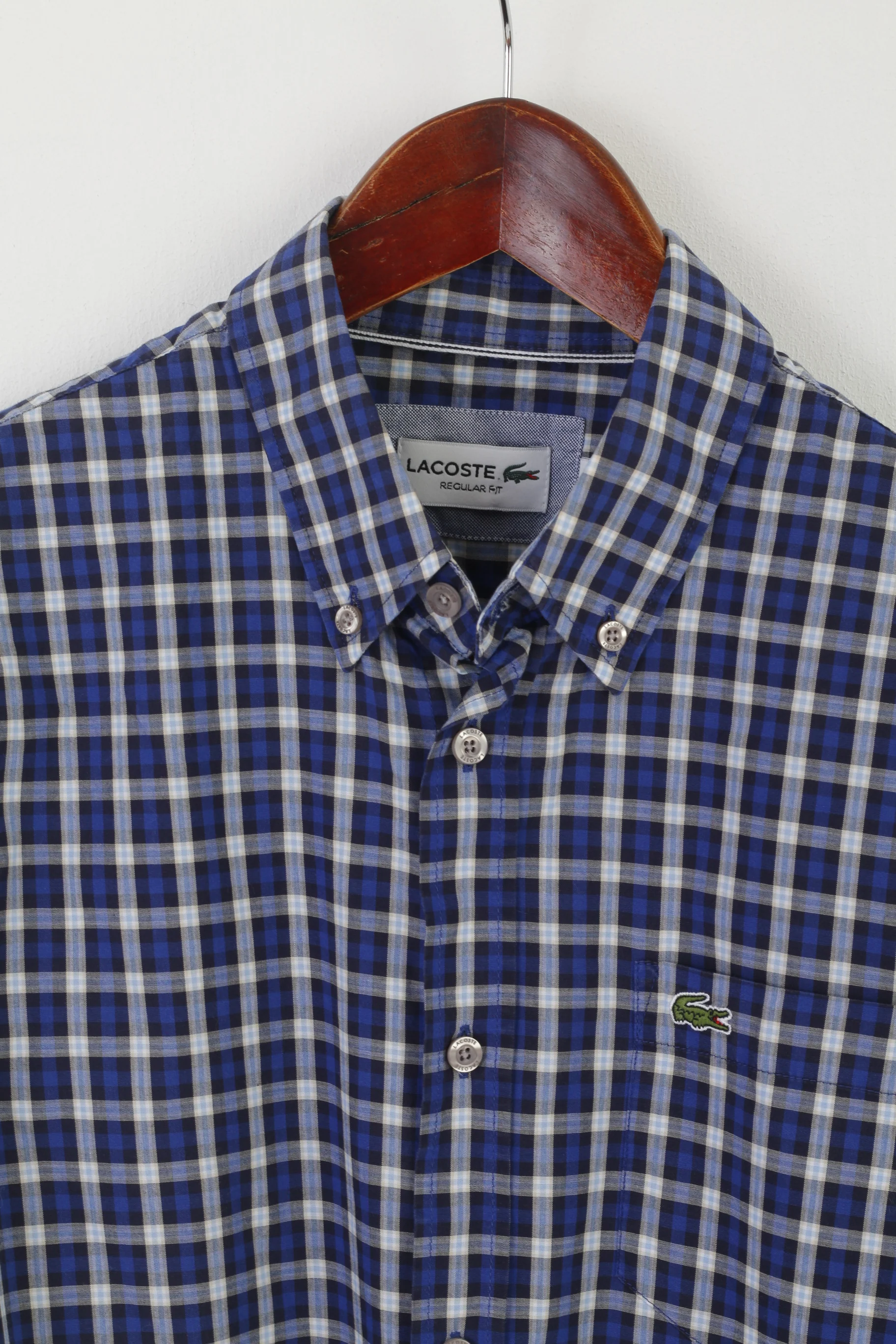 Lacoste Men 39 S/M Casual Shirt Blue Check Cotton Refular Fit Long Sleeve Top - Image 3