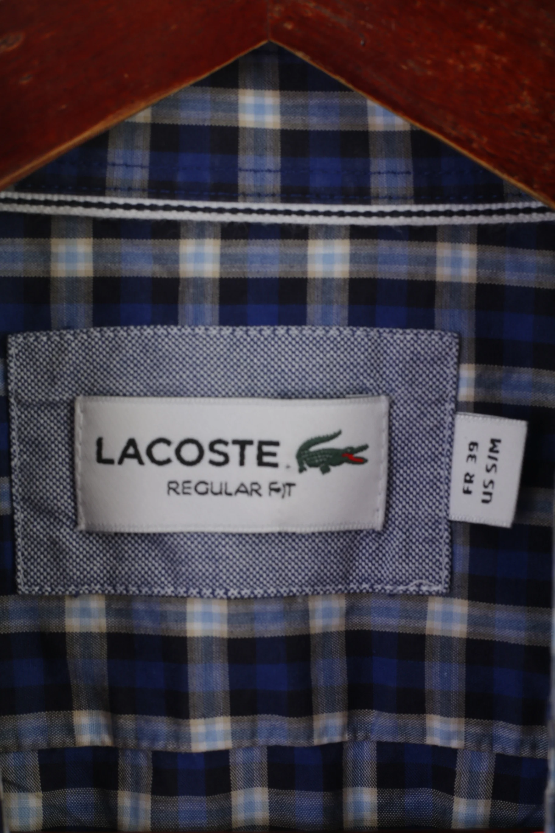 Lacoste Men 39 S/M Casual Shirt Blue Check Cotton Refular Fit Long Sleeve Top - Image 5
