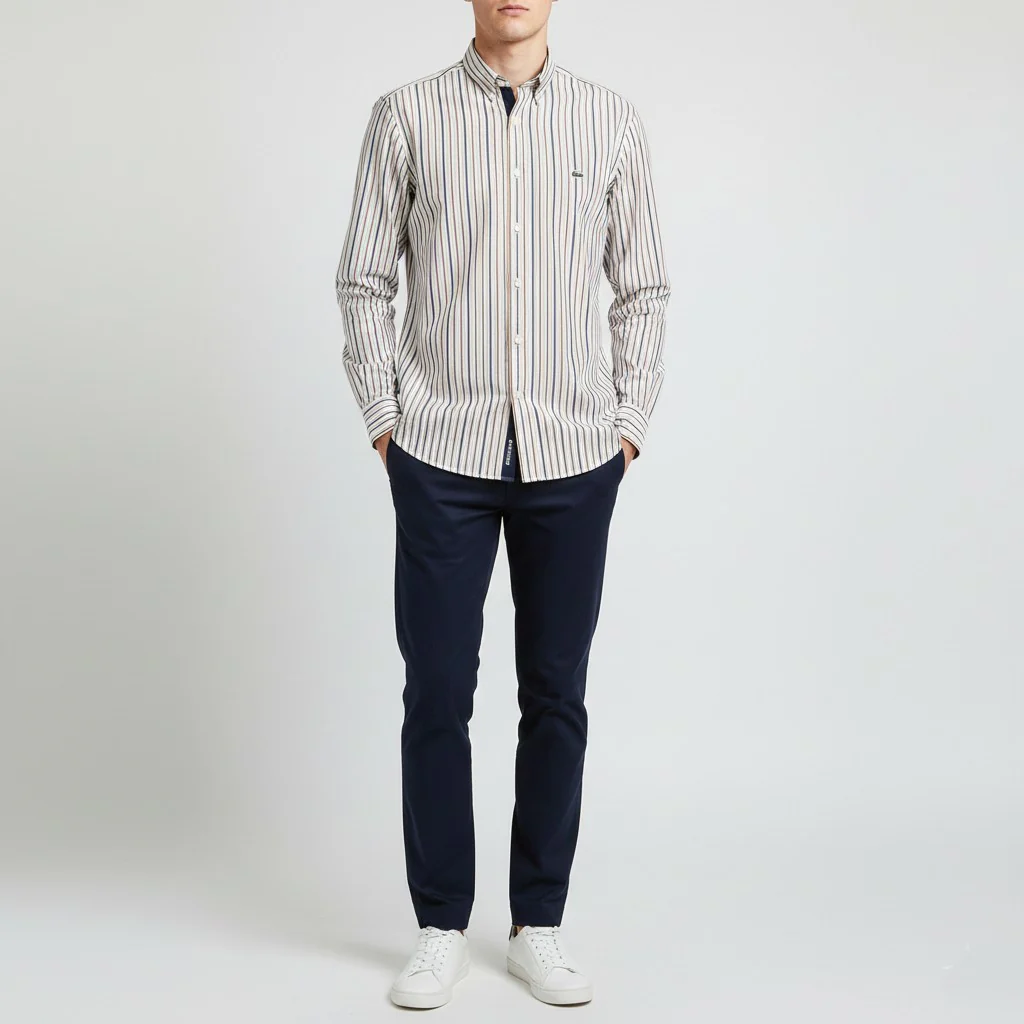 Lacoste Men 44 L Casual Shirt White Yellow Striped Cotton Long Sleeve Top