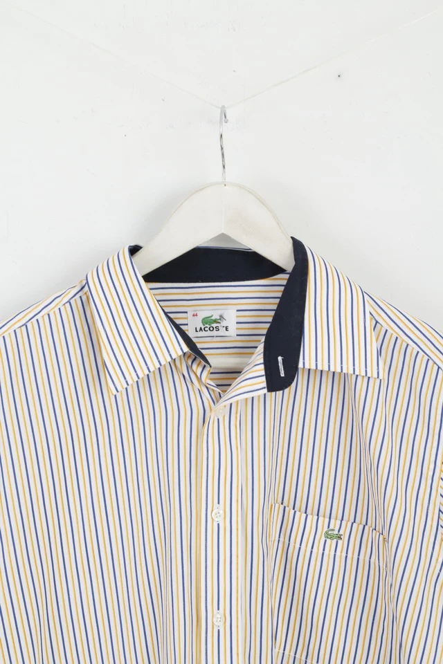 Lacoste Men 44 L Casual Shirt White Yellow Striped Cotton Long Sleeve Top - Image 3