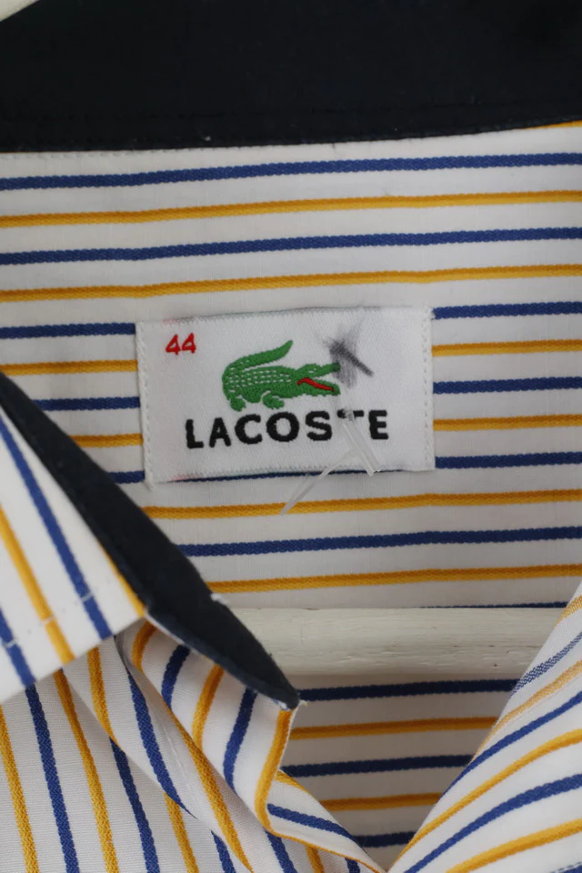 Lacoste Men 44 L Casual Shirt White Yellow Striped Cotton Long Sleeve Top - Image 6