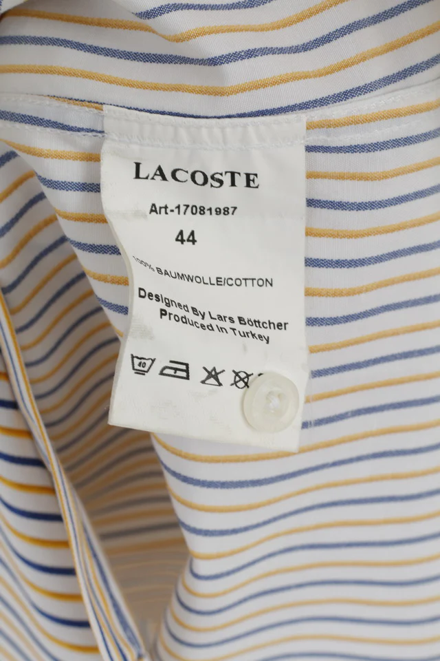Lacoste Men 44 L Casual Shirt White Yellow Striped Cotton Long Sleeve Top - Image 7