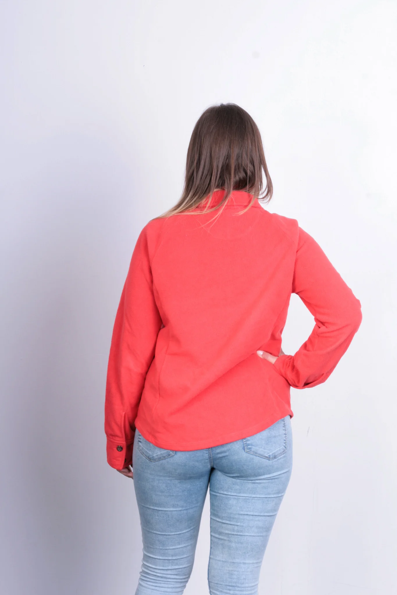 Lands'End Womens M Fleece Jacket Orange Buttons Down - Image 5