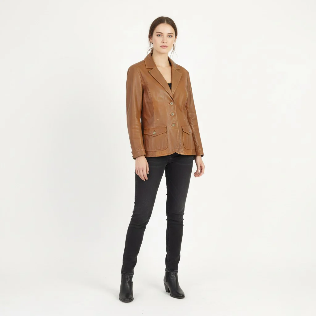 Lapel Women XL (L) Jacket Camel Leather Western Vintage Single Breasted Blazer