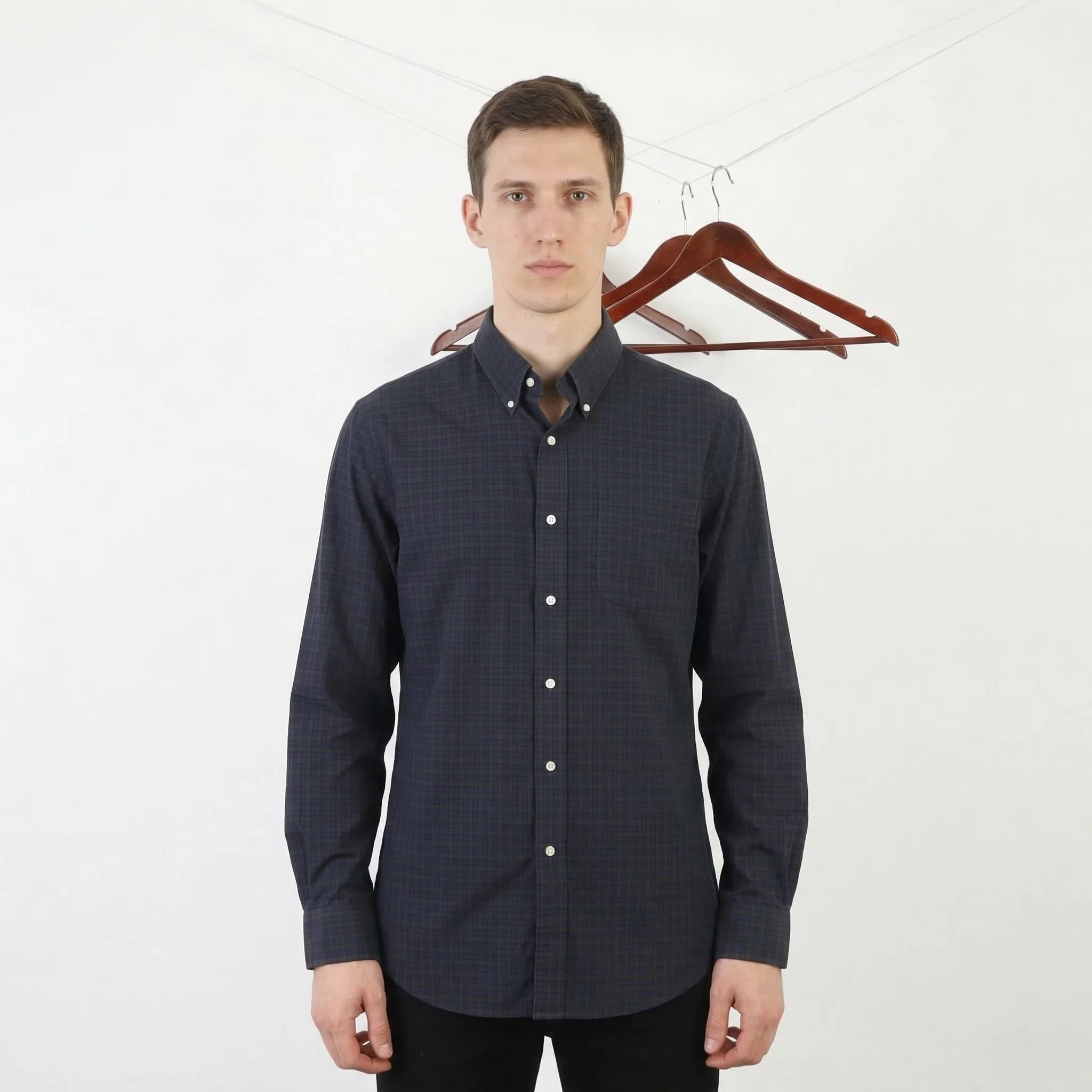 Lauren Ralph Lauren Men 40-41 16 L Casual Shirt Navy Green Check Fitted Cotton Long Sleeve Top