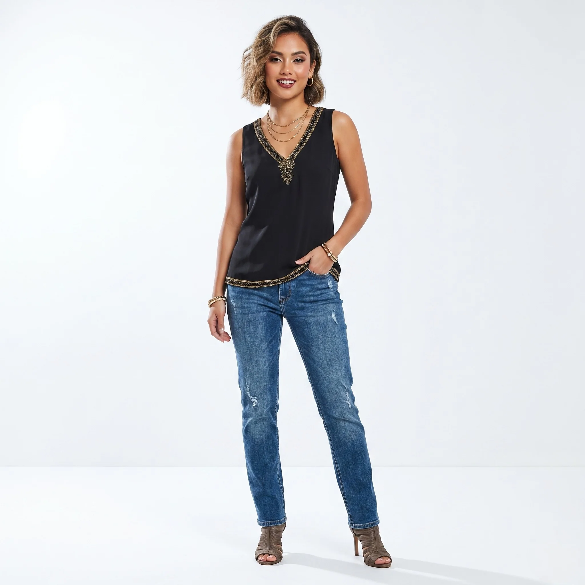 Lauren Ralph Lauren Women 2 S Shirt Black Soft V Neck Gold Detailed Elegant Tank Top