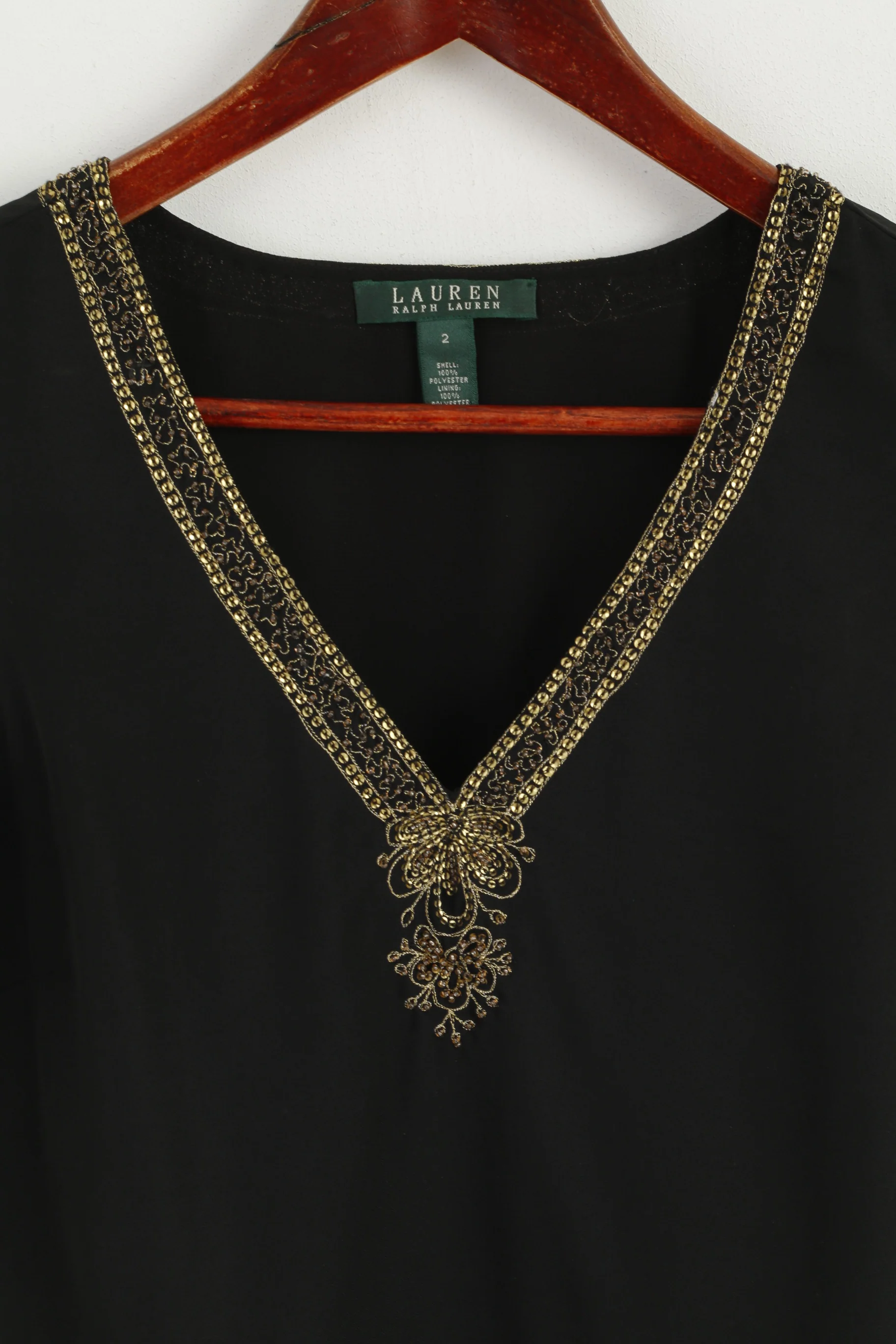 Lauren Ralph Lauren Women 2 S Shirt Black Soft V Neck Gold Detailed Elegant Tank Top - Image 3