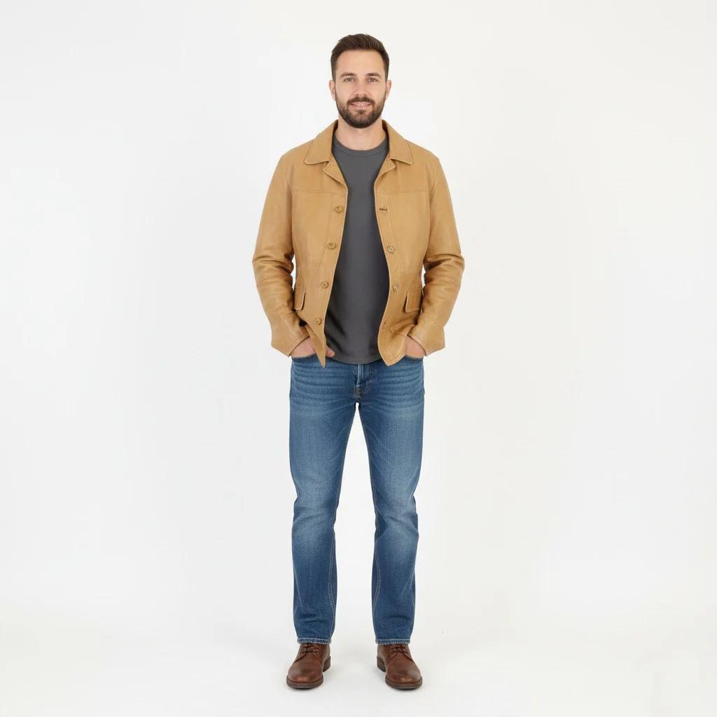 Lavorazione Artigiana Men L (M) Leather Jacket Camel Leather Made in Italy Classic Vintage Top