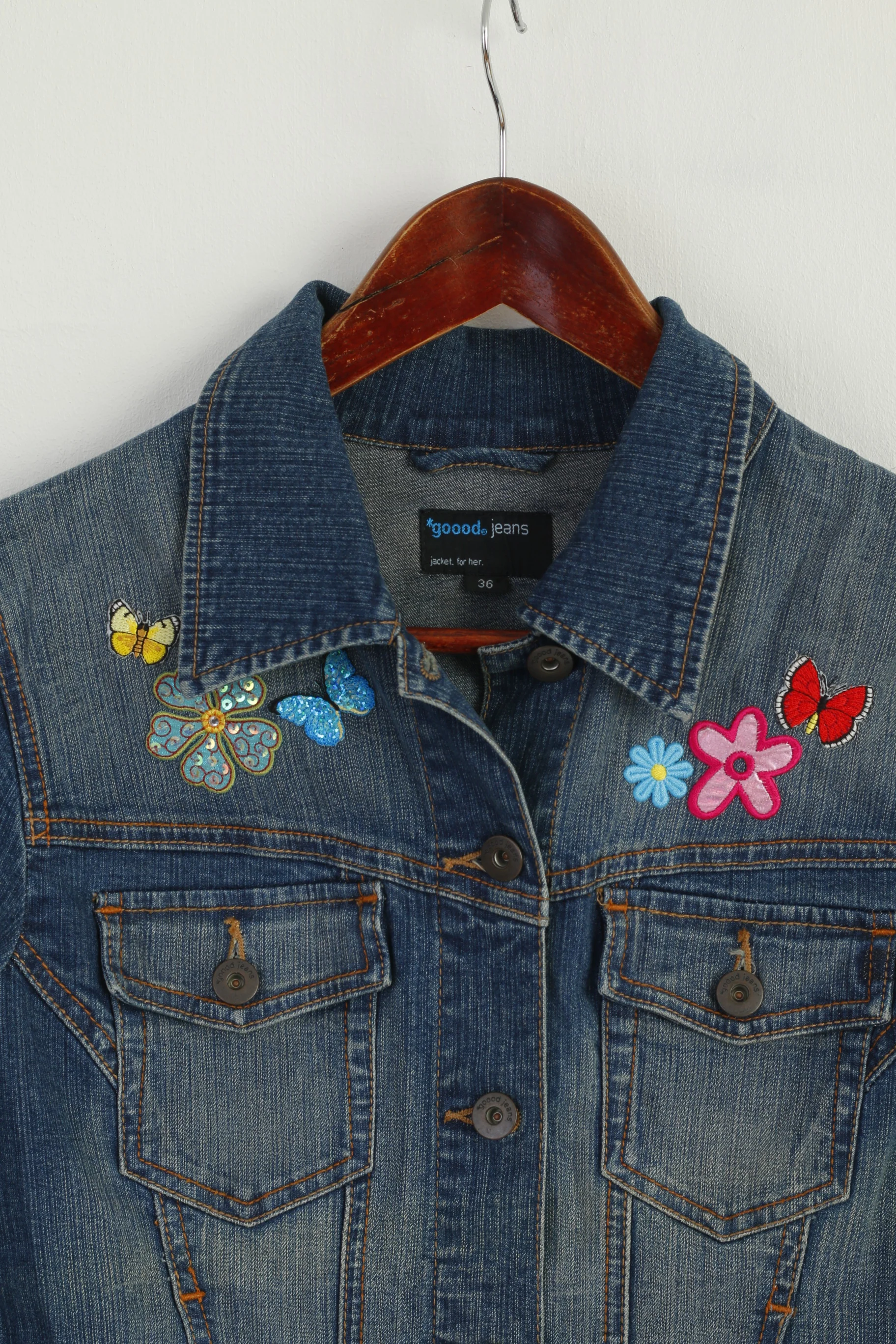 Goood Jeans Women 36 XS Jacket Blue Denim Emroidered Stretch Lovely Top - Image 2
