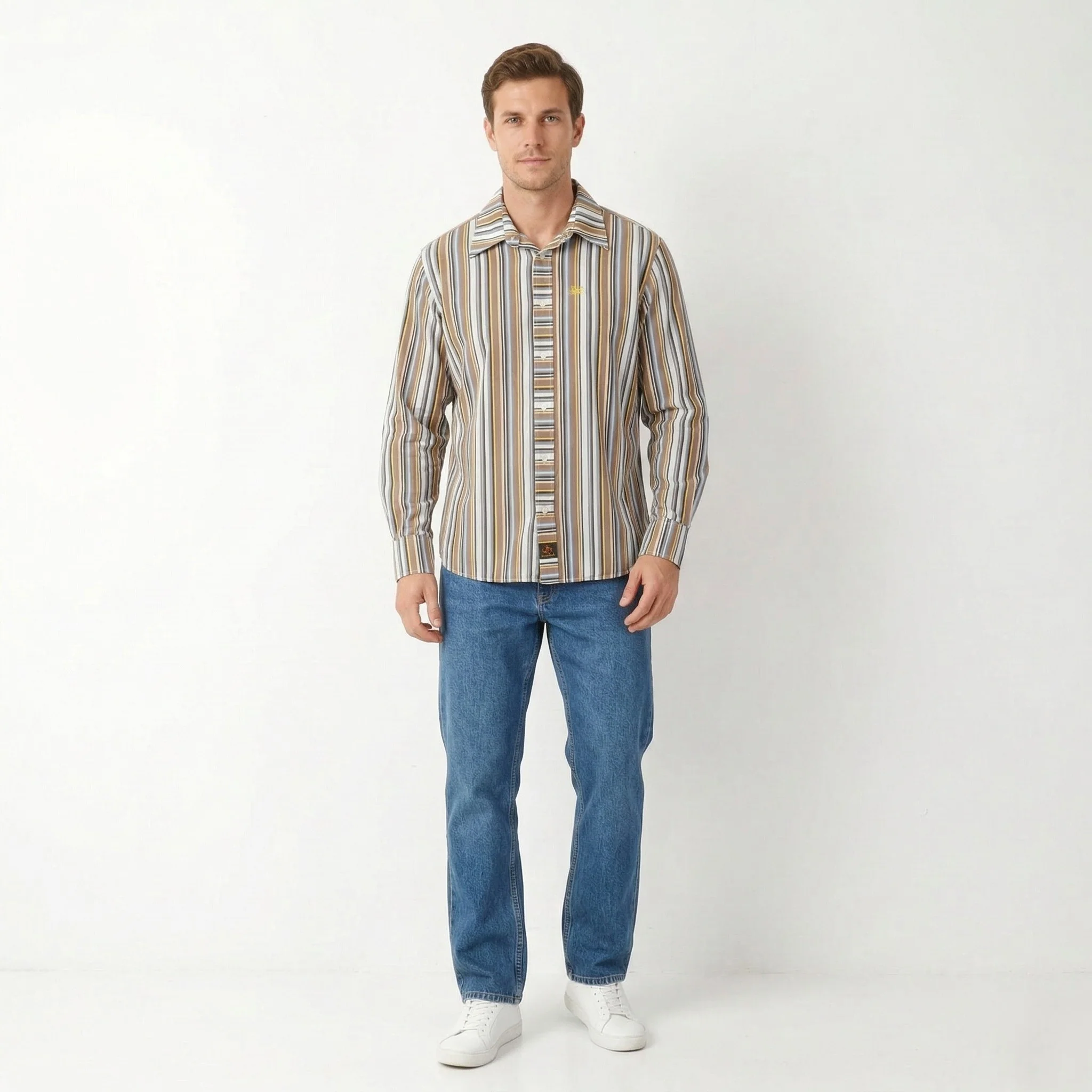 Lee Men XL Casual Shirt Brown Striped Cotton Western Standard Collar Long Sleeve Top