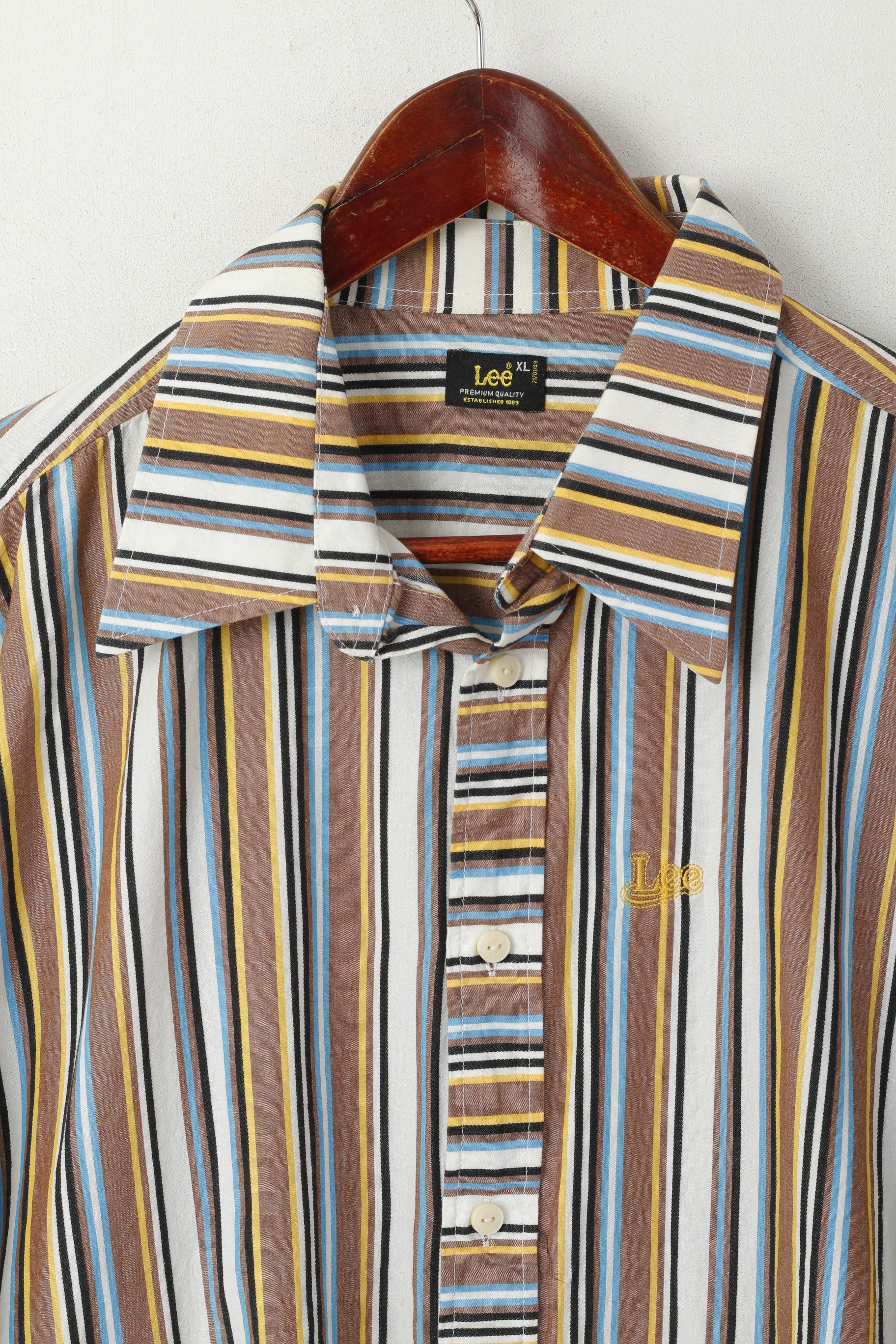 Lee Men XL Casual Shirt Brown Striped Cotton Western Standard Collar Long Sleeve Top - Image 3