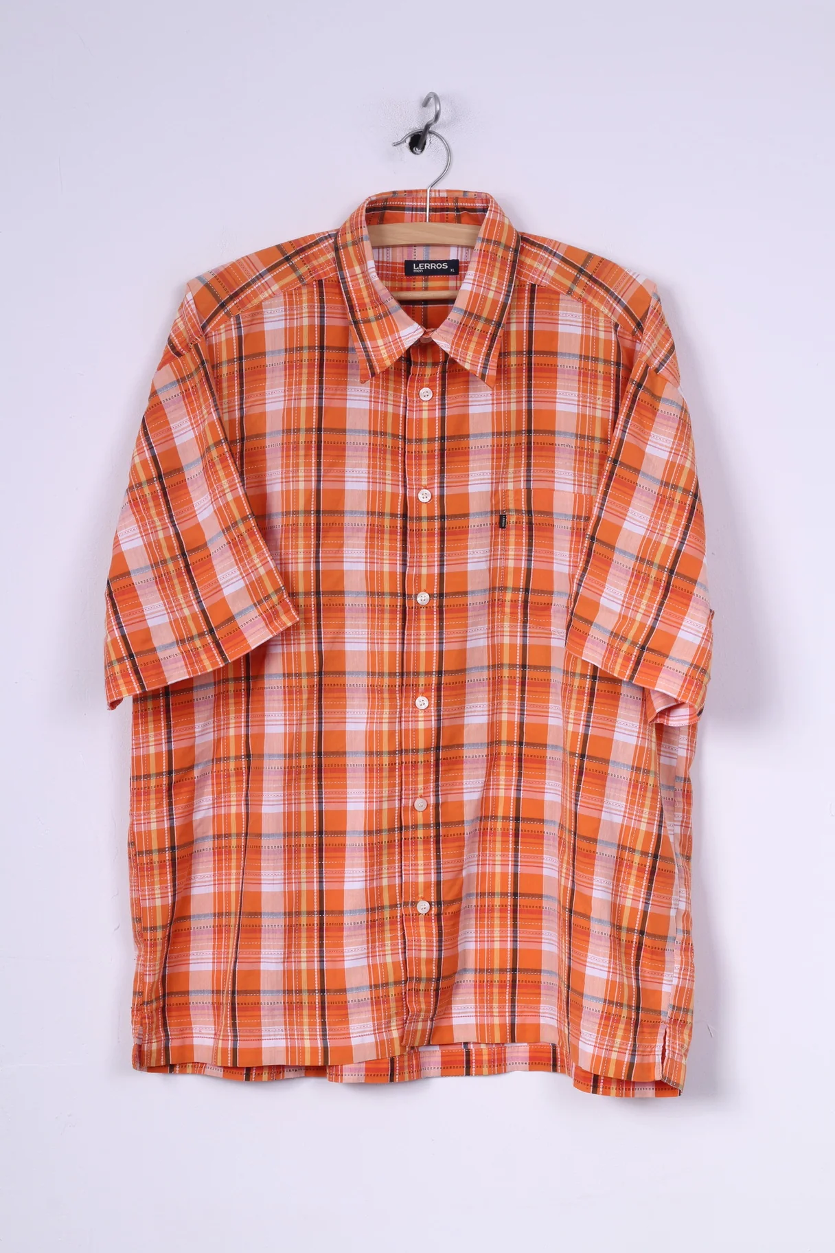 Lerros Mens XL Casual Shirt Check Short Sleeve Orange Cotton Top