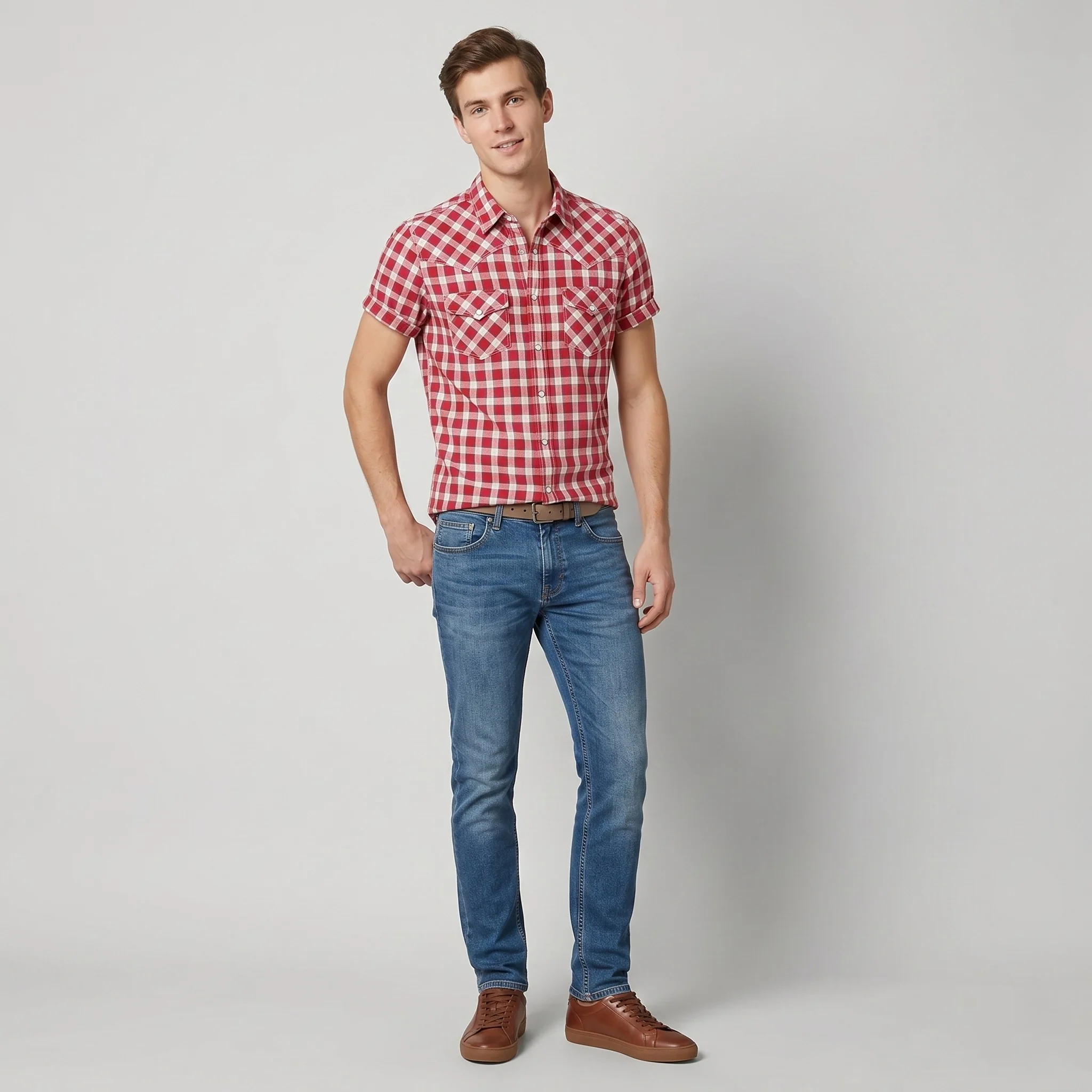 Levi's Men S Casual Shirt Red Checkered Snap Bottoms Cotton Short Sleeve Top