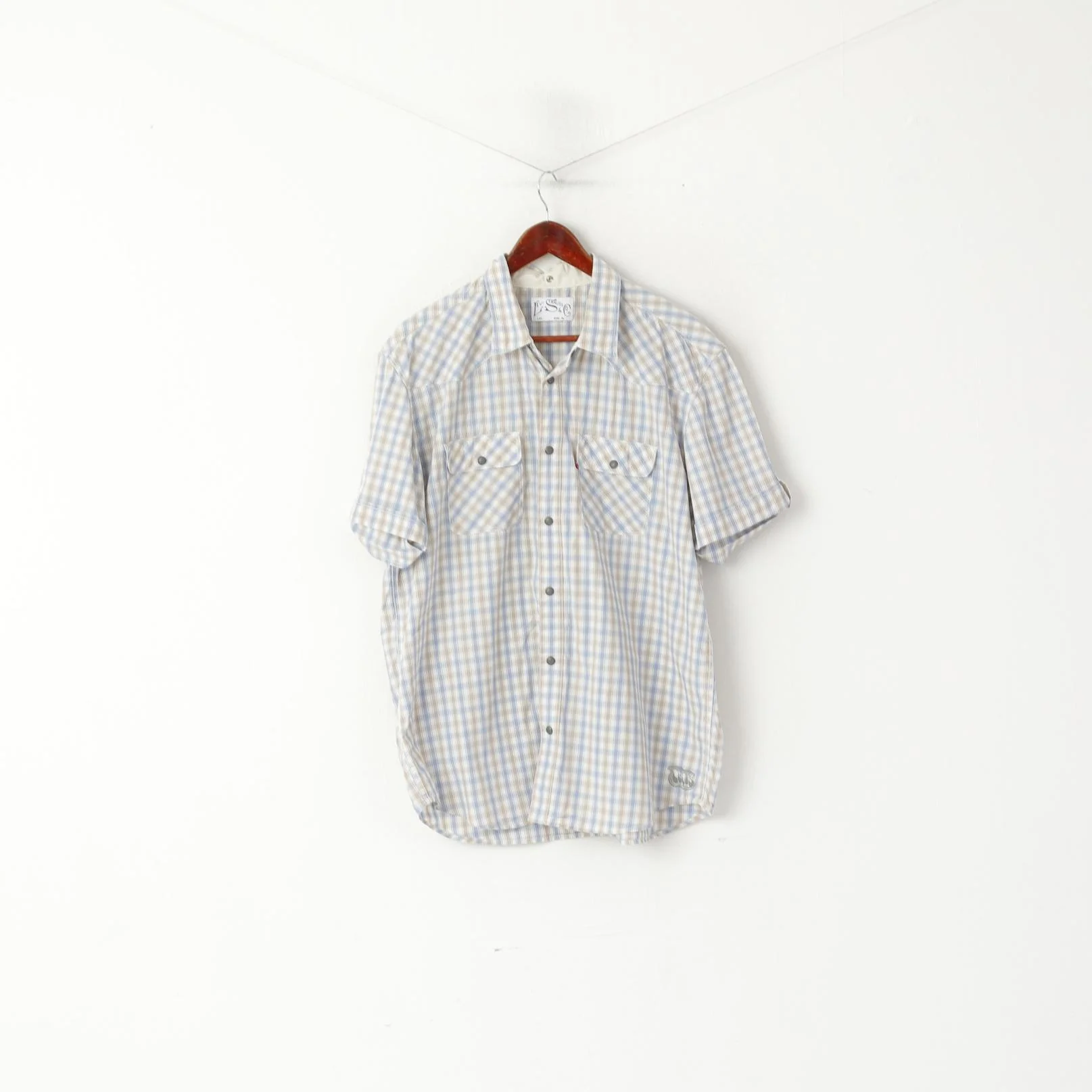 Levi's Men XL Casual Shirt Blue Beige Check Cotton Snap Short Sleeve Top - Image 2