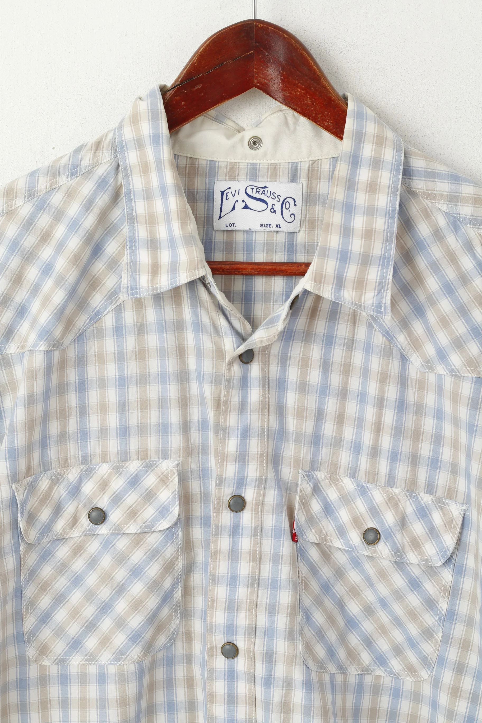 Levi's Men XL Casual Shirt Blue Beige Check Cotton Snap Short Sleeve Top - Image 3