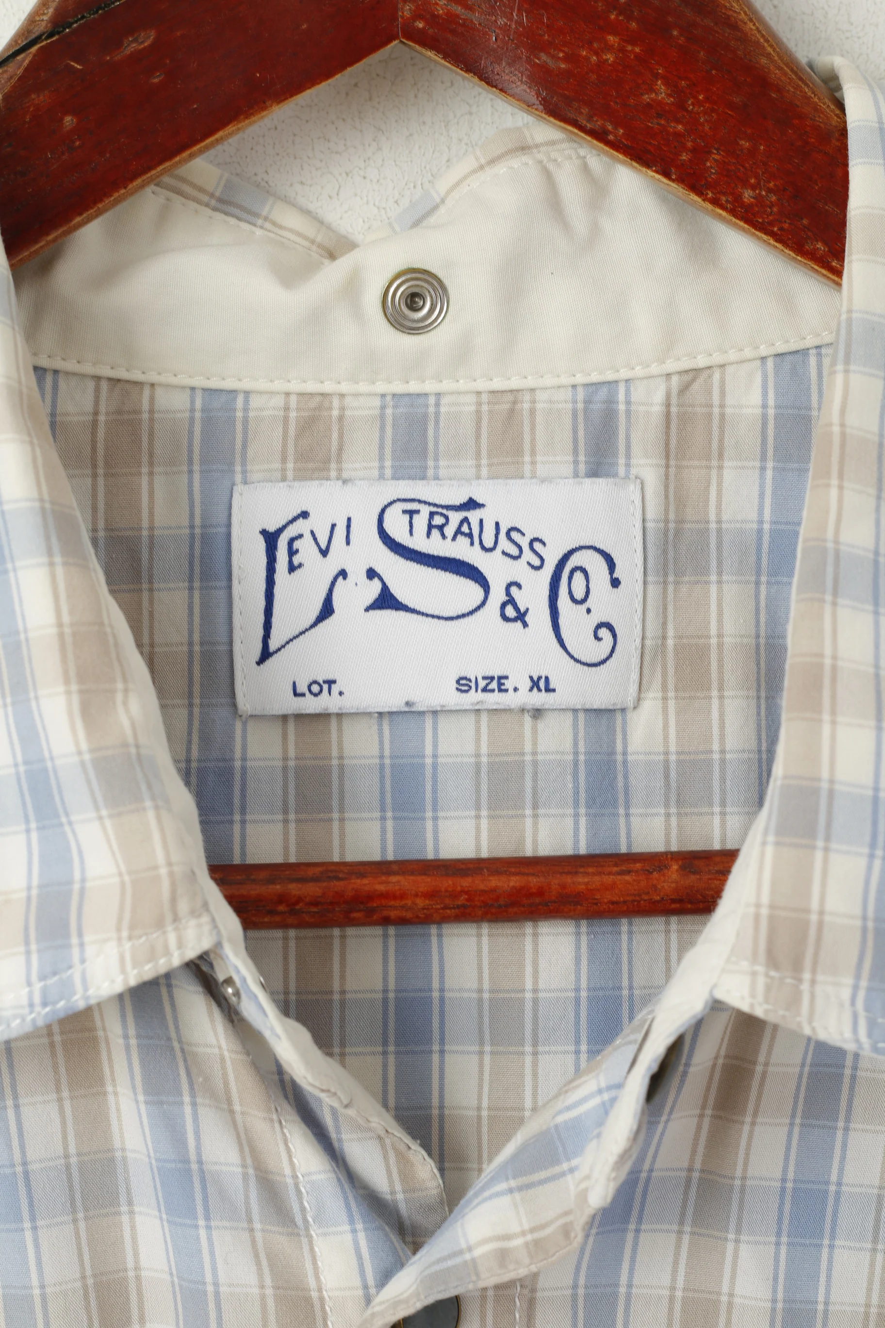 Levi's Men XL Casual Shirt Blue Beige Check Cotton Snap Short Sleeve Top - Image 5