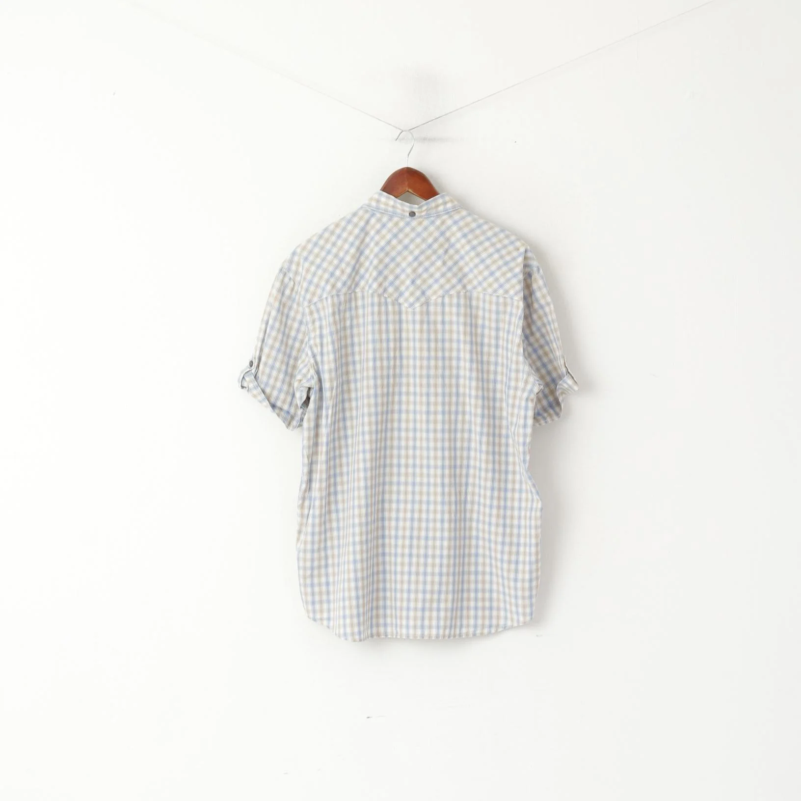 Levi's Men XL Casual Shirt Blue Beige Check Cotton Snap Short Sleeve Top - Image 8