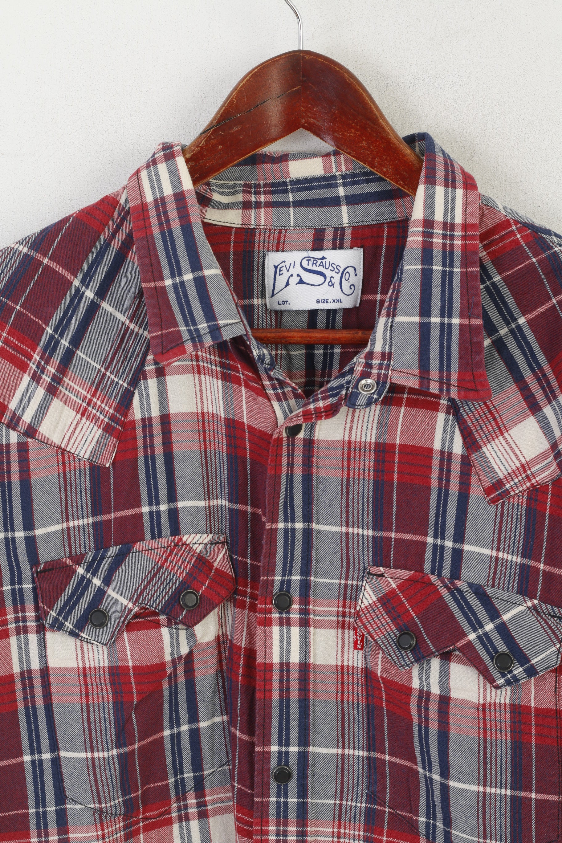 Levi's Men XXL Casual Shirt Maroon Check Cotton Snap Vintage Long Sleeve Top - Image 3
