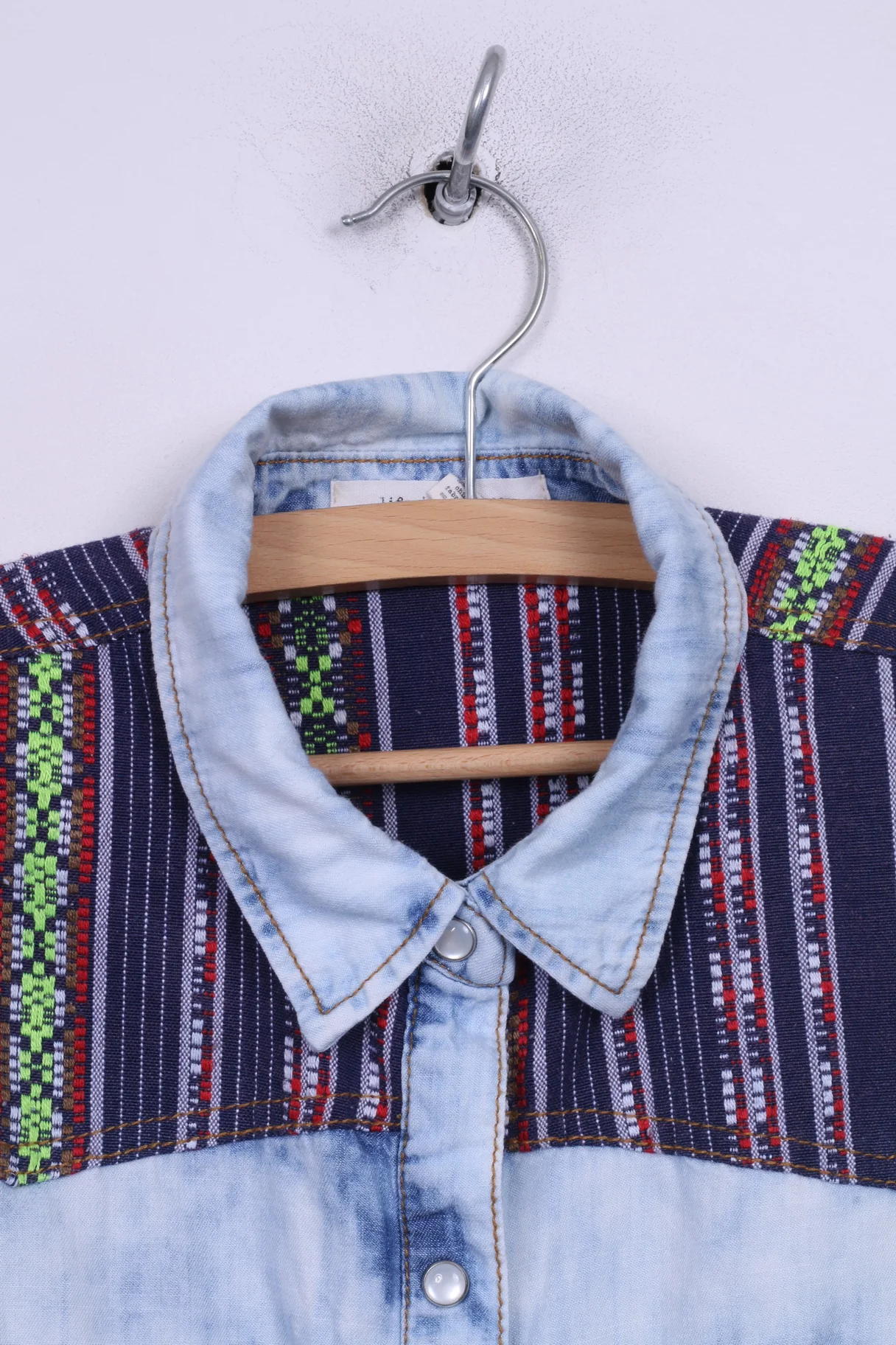Life in progress Womens S Denim Shirt Aztec Details Acid Wash Jeans Snaps - Image 2