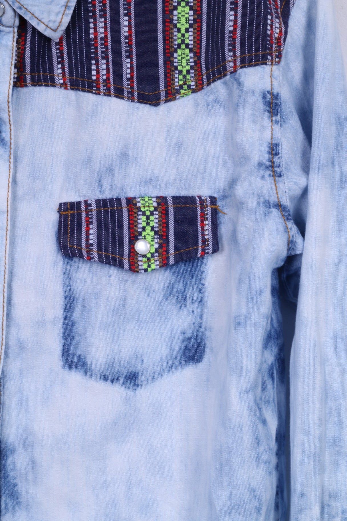 Life in progress Womens S Denim Shirt Aztec Details Acid Wash Jeans Snaps - Image 3