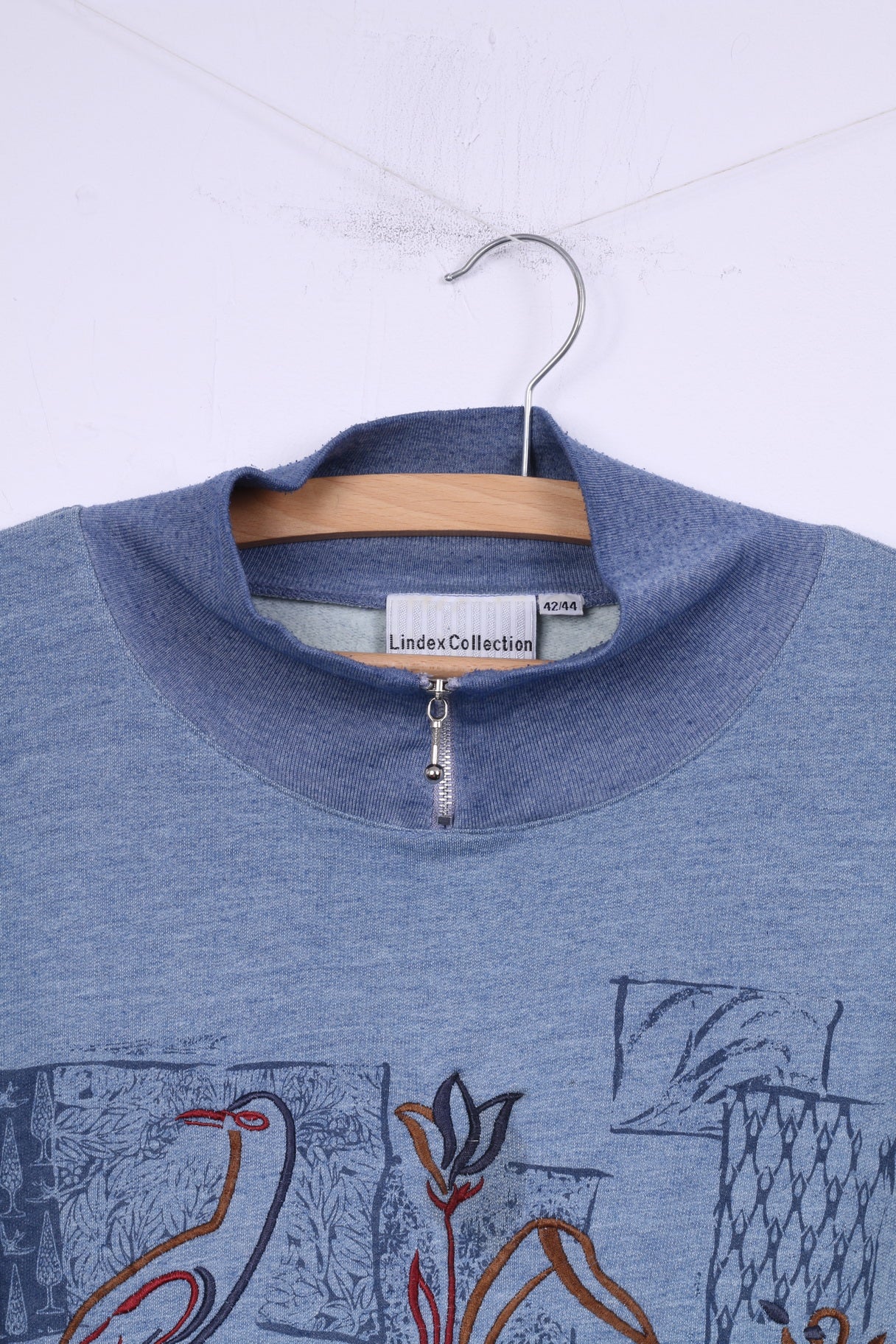 Lindex Collection For Women 42/44 XL Womens Graphic Jumper Zip Neck Blue Cotton - Image 2