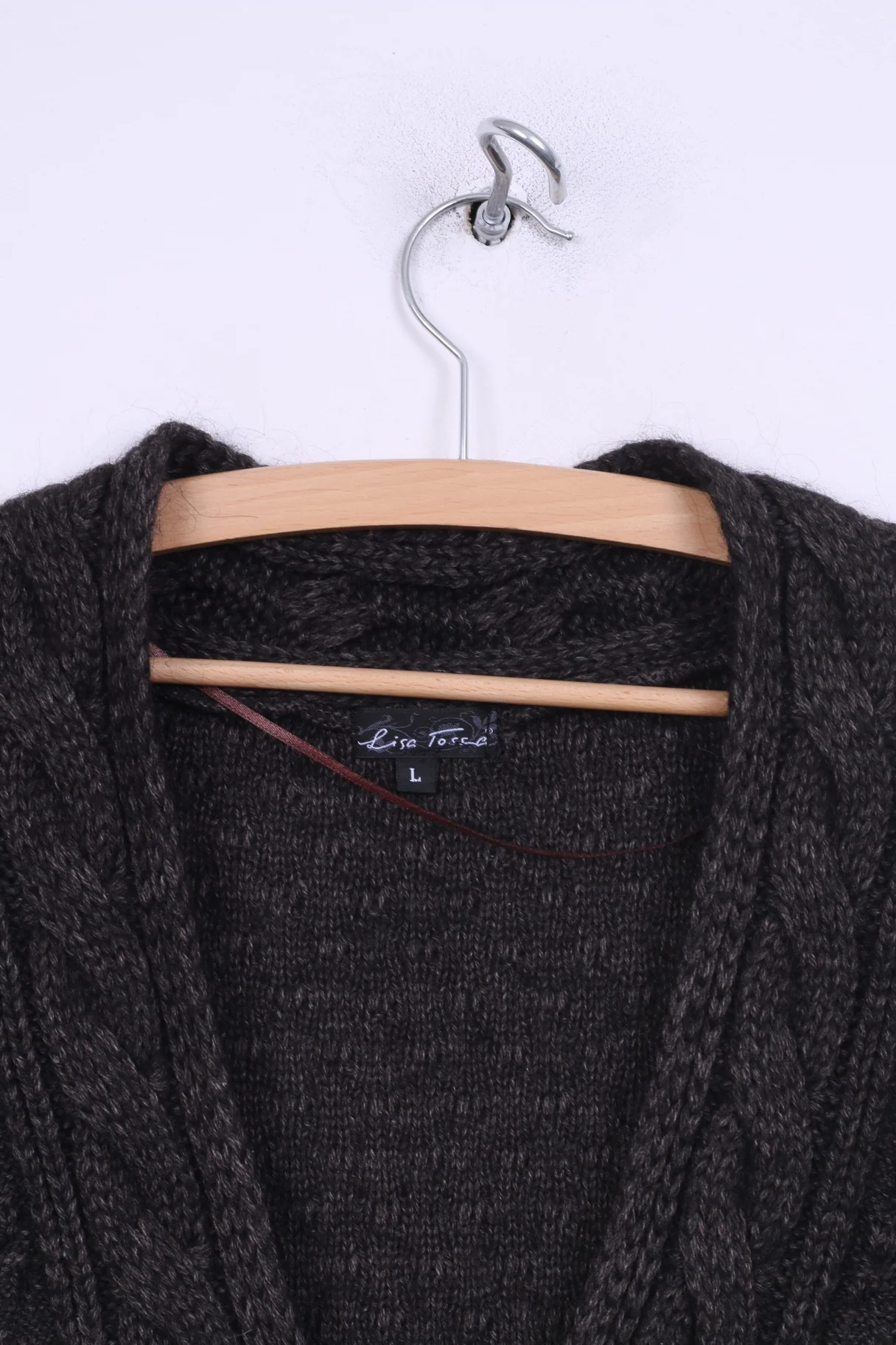 Lisa Tossa Womens L Cardigan Knitted Short Sleeve Brown One Big Button Front - Image 2