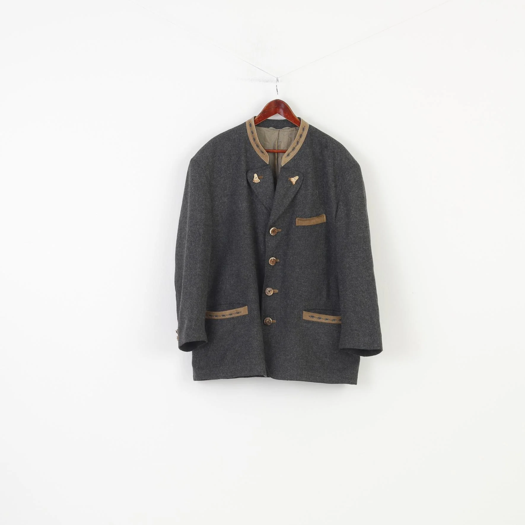 Lodenfrey Men 56 Blazer Wool Grey Vintage Tyrol Tiroler Loden Collar Bottoms Jacket Top - Image 2