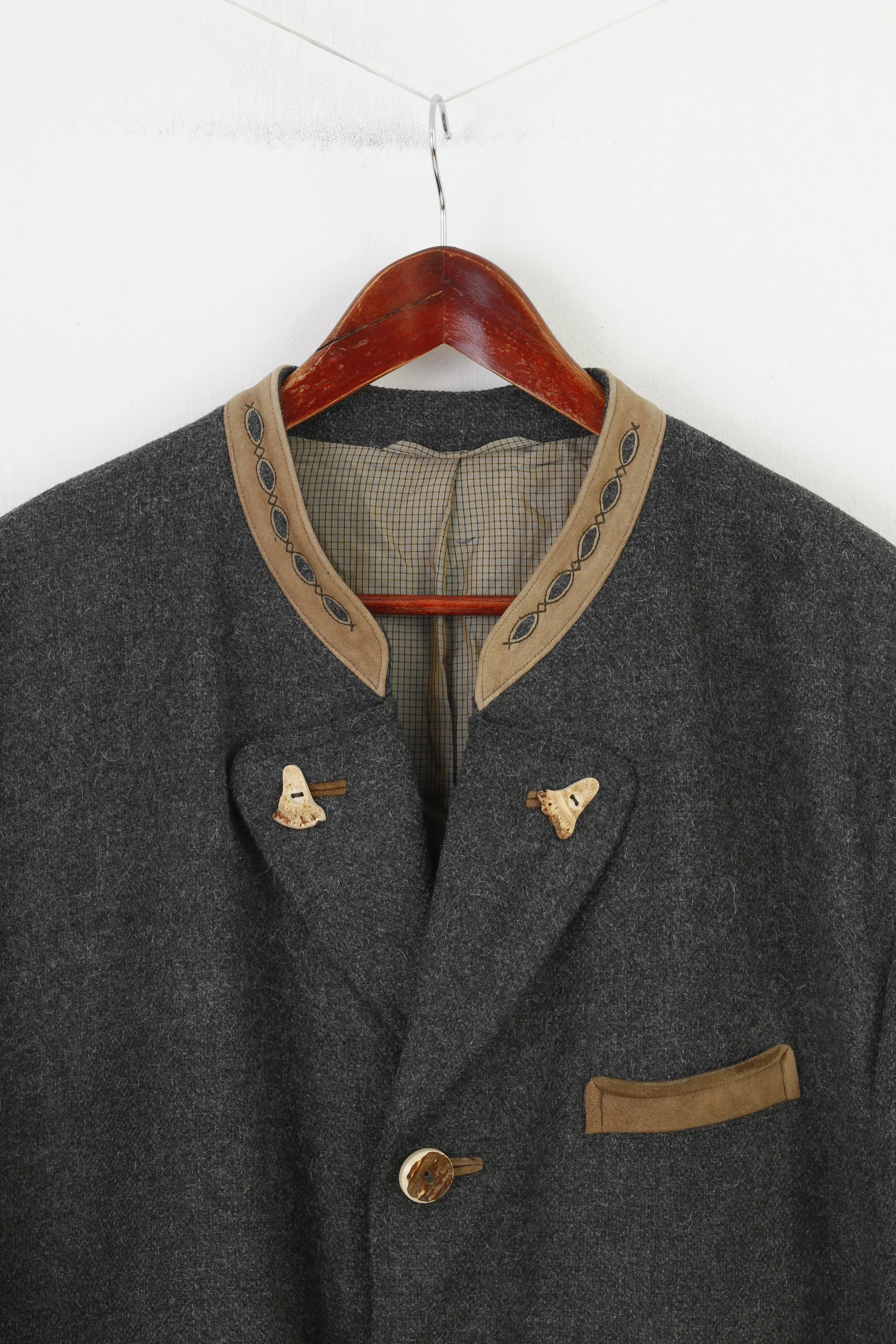 Lodenfrey Men 56 Blazer Wool Grey Vintage Tyrol Tiroler Loden Collar Bottoms Jacket Top - Image 3