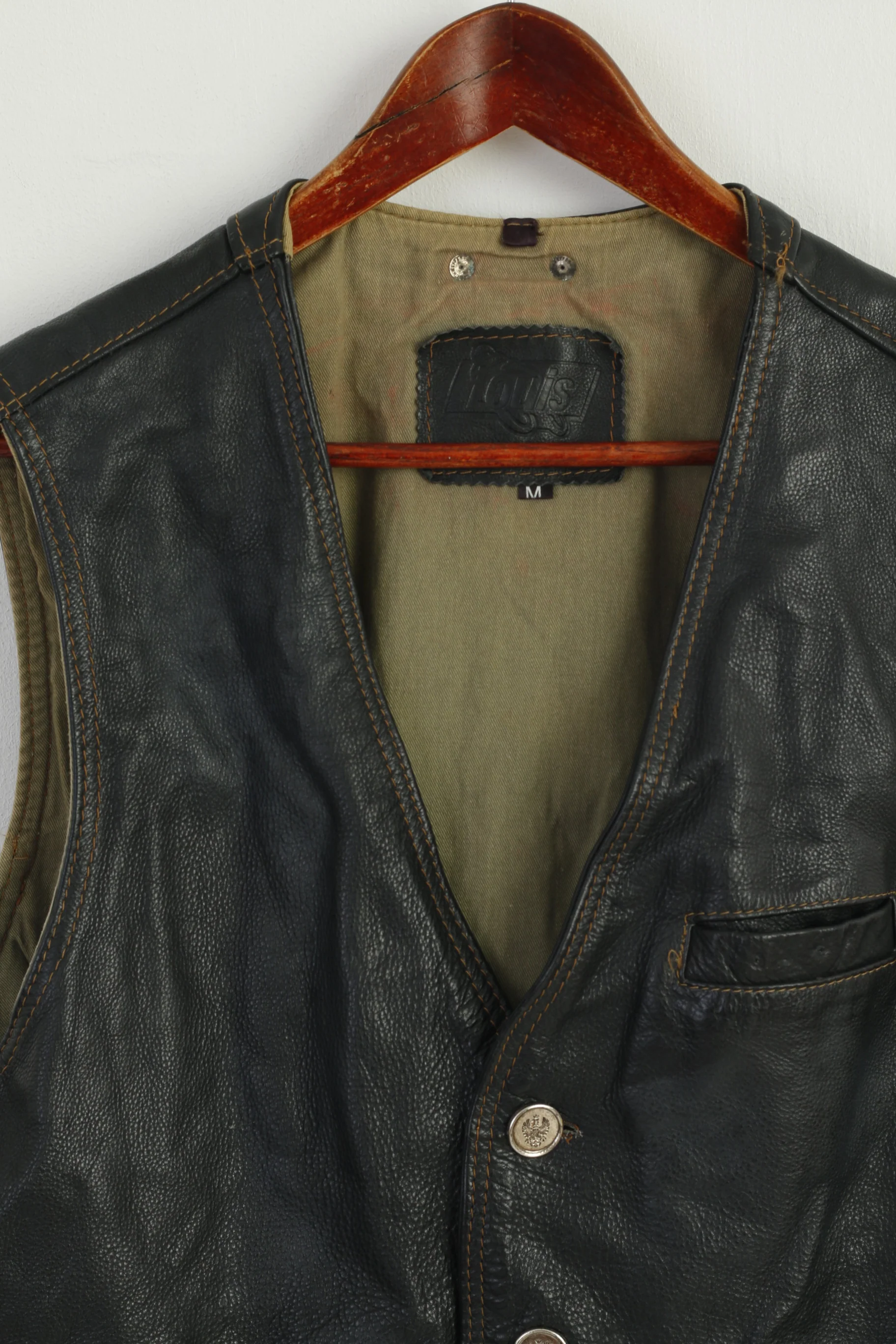 Louis International Men M Waistcoat Black Leather Vintage Moto Biker Vest - Image 2