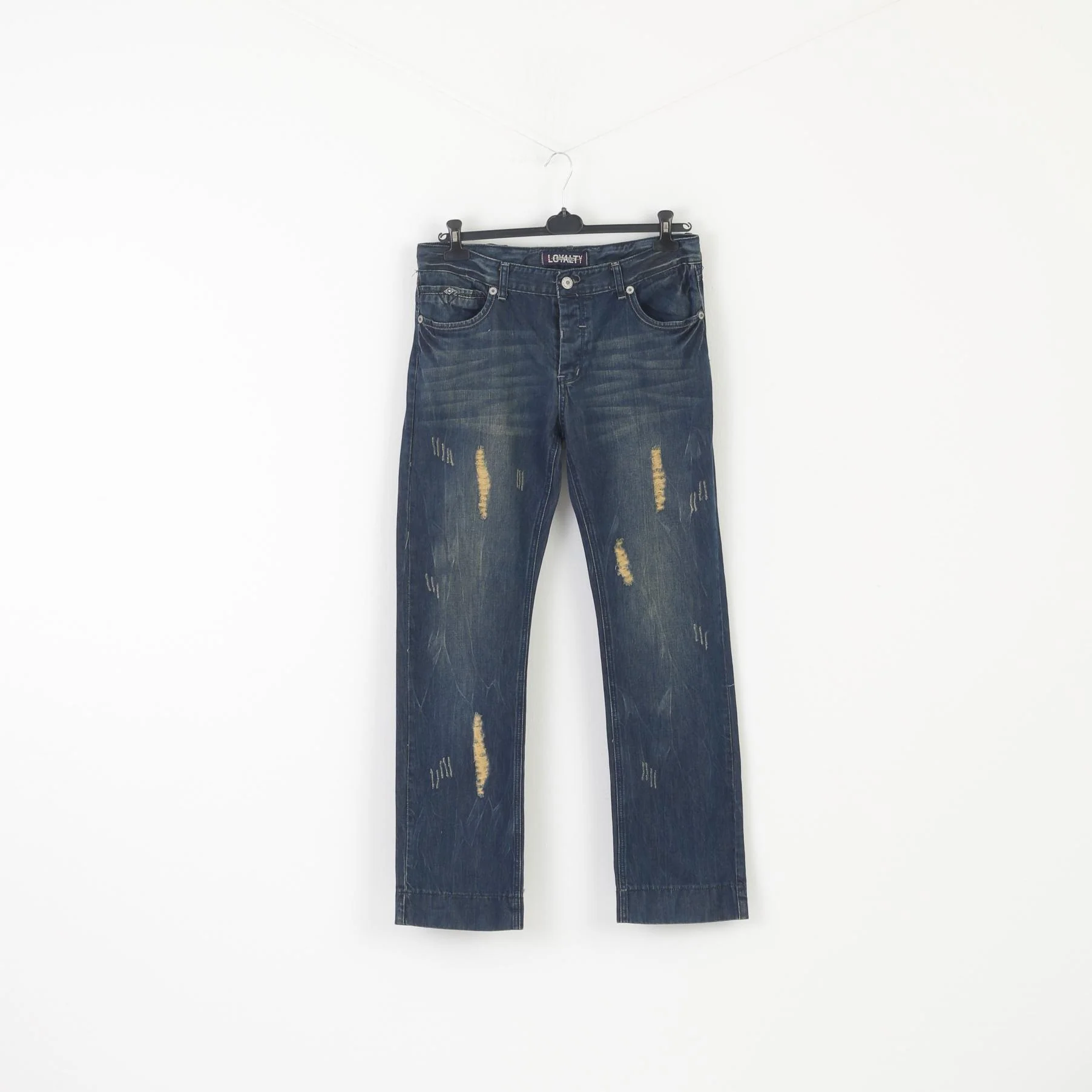 Loyalty Denim Men 34 50 Jeans Trousers Navy Cotton Straight Ripped Pants
