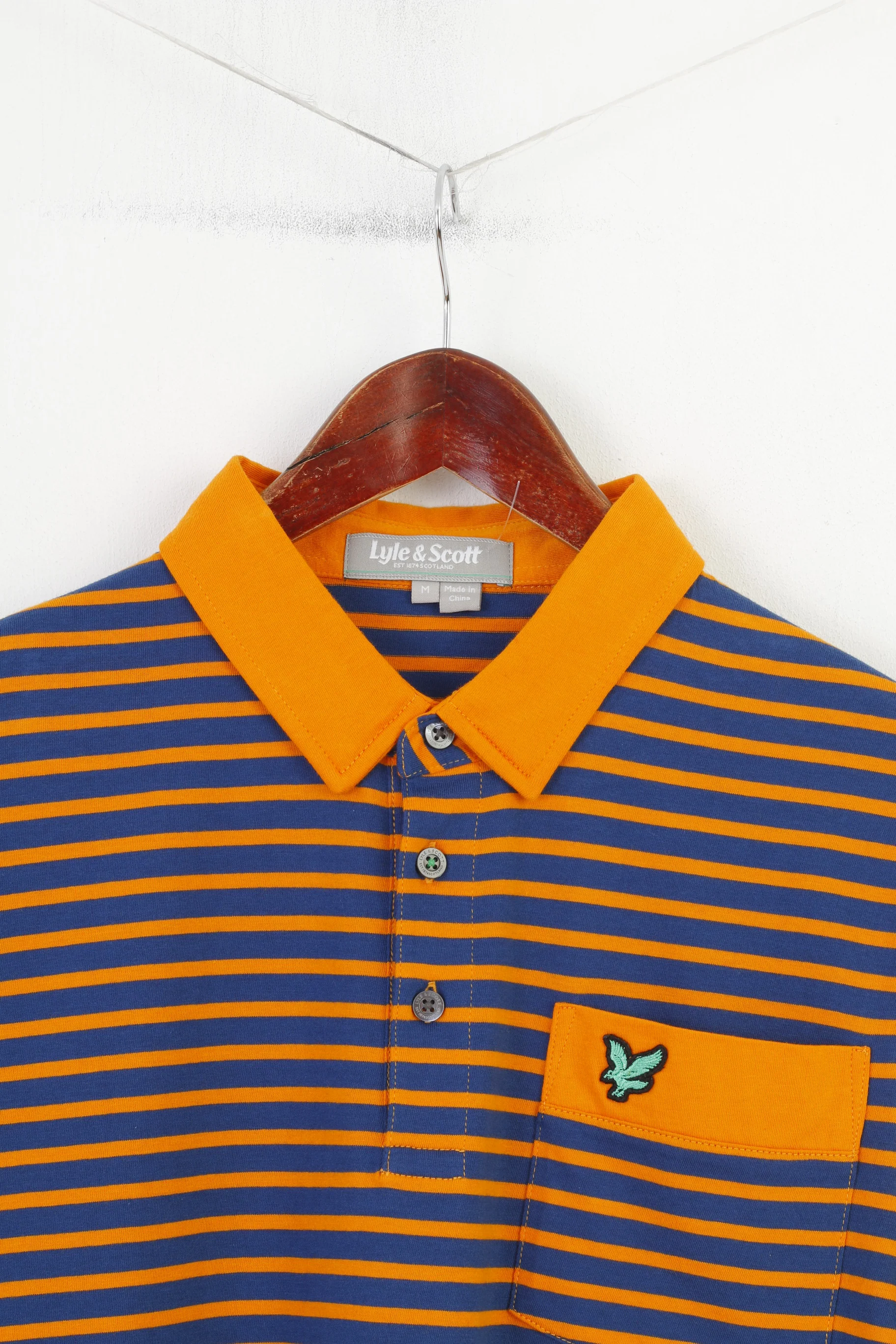 Lyle & Scott Men M Polo Shirt Striped Short Sleeve Navy Orange Scotland Cotton Top - Image 3