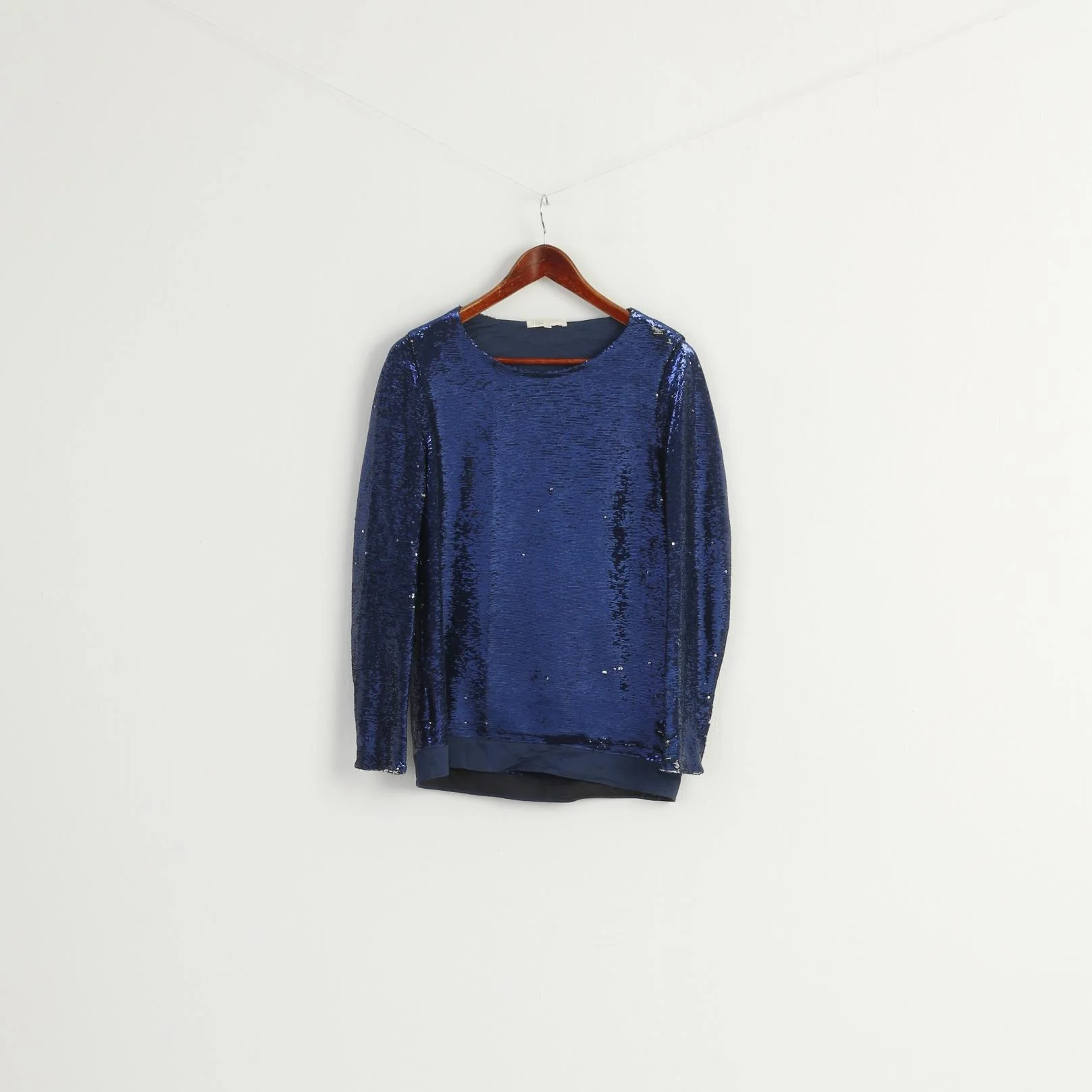 Maje Women 2 M Long Sleeved Shirt Navy Silver Sequin Crew Neck Top - Image 2