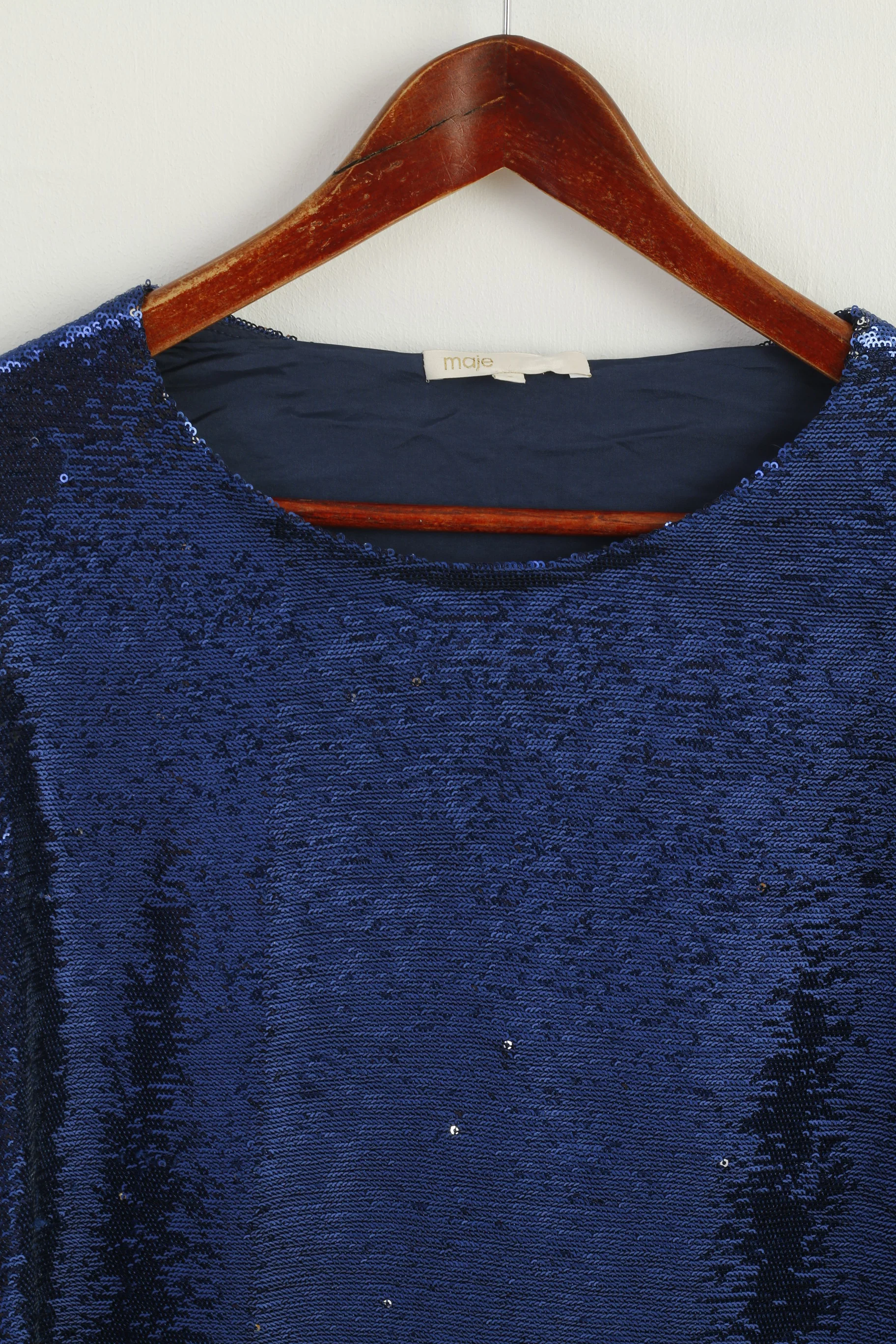 Maje Women 2 M Long Sleeved Shirt Navy Silver Sequin Crew Neck Top - Image 3