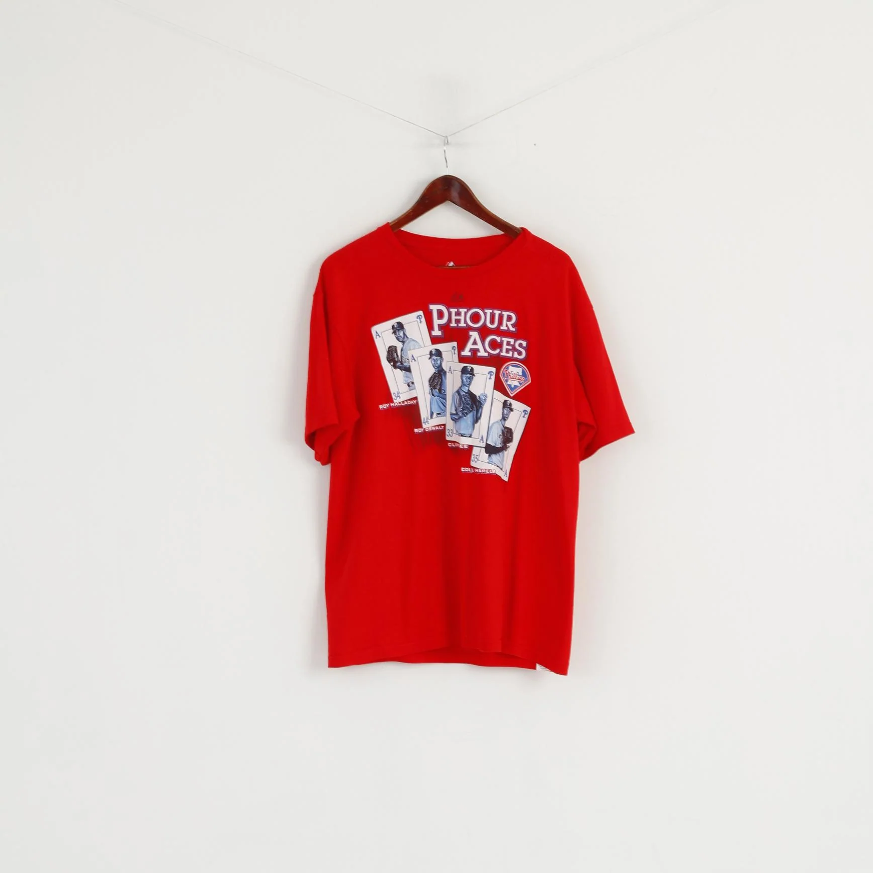 Majestic Men L Shirt Red Cotton Phillies Baseball Phour Aces Short Sleeve Top - Image 2