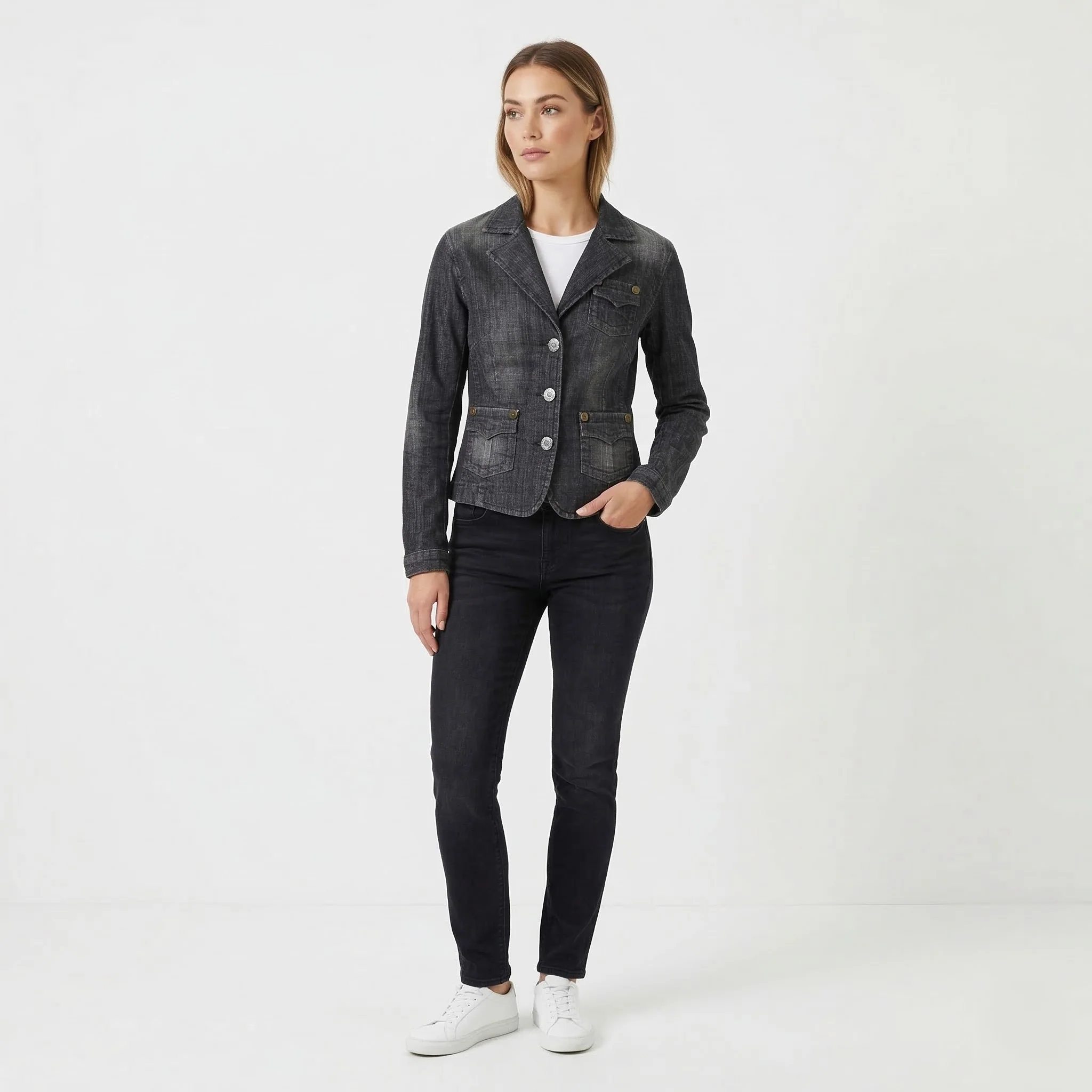 Marc Aurel Women 36 S Denim Jacket Gray Cotton Jeans Single Breasted Blazer