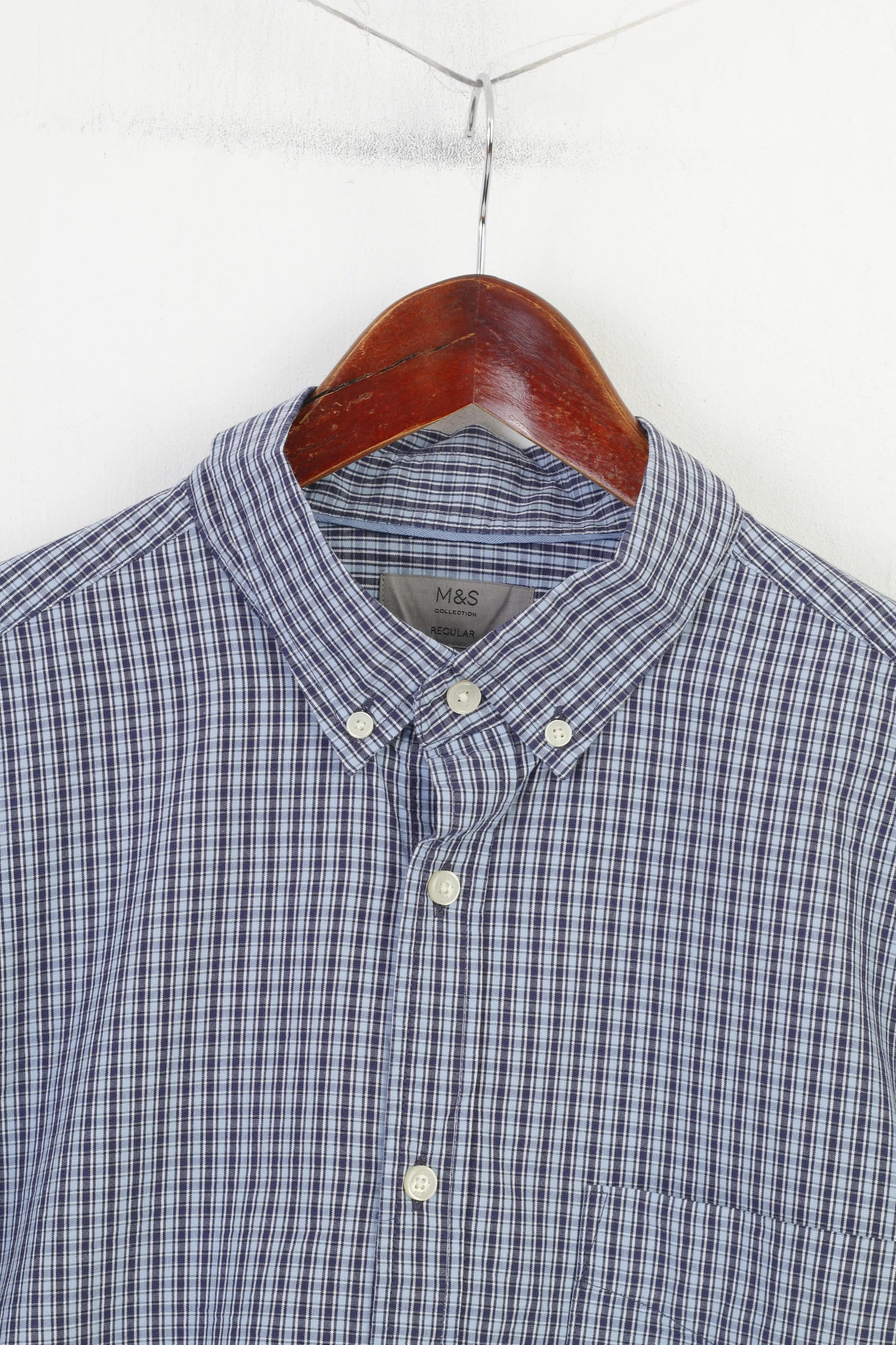 Marks & Spencer Men XL Casual Shirt Blue Checkered Pure Cotton Regular Fit Top - Image 2